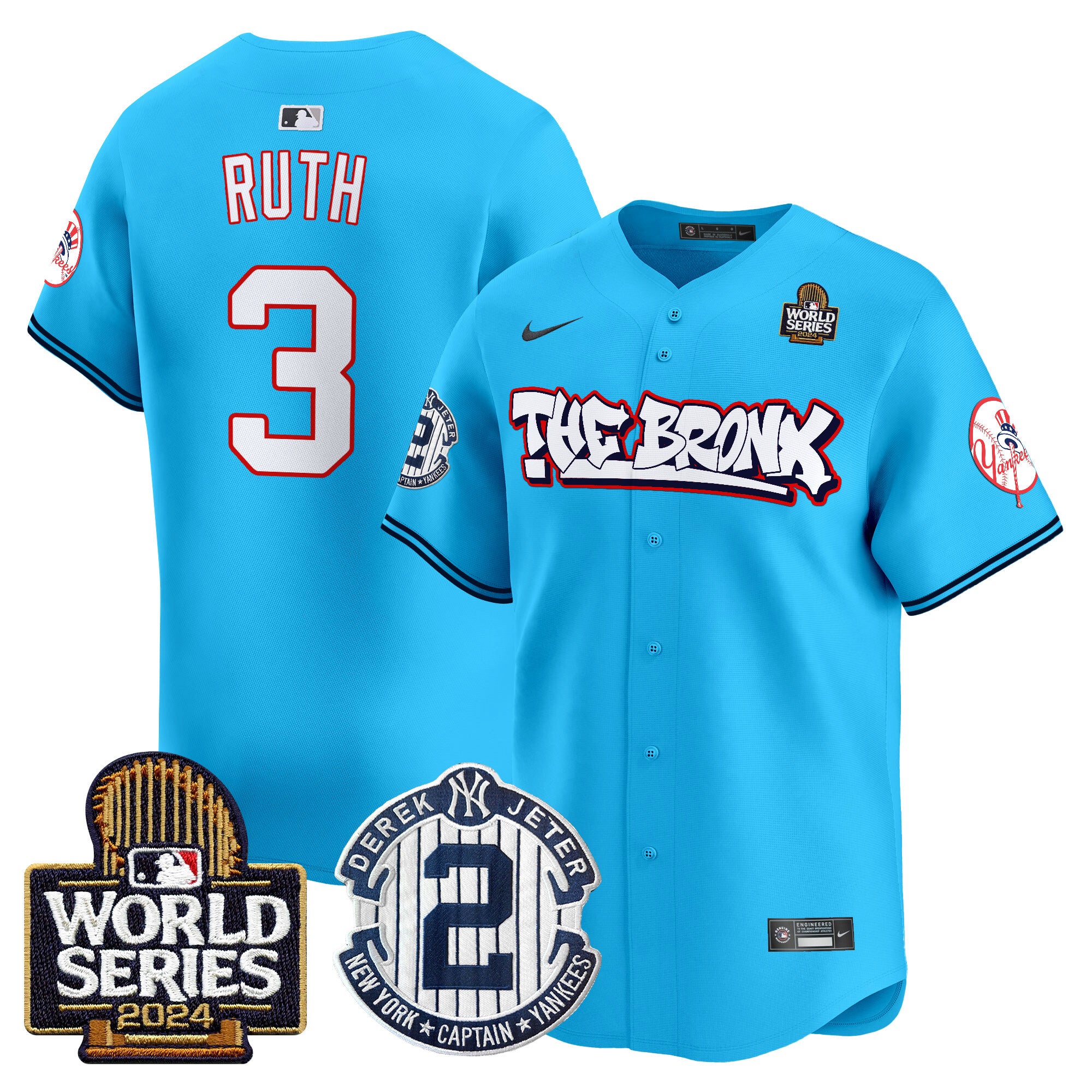 Men's Yankees The Bronx 2024 World Series Vapor Premier Limited Jersey V2 - All Stitched - Light Blue, Babe Ruth