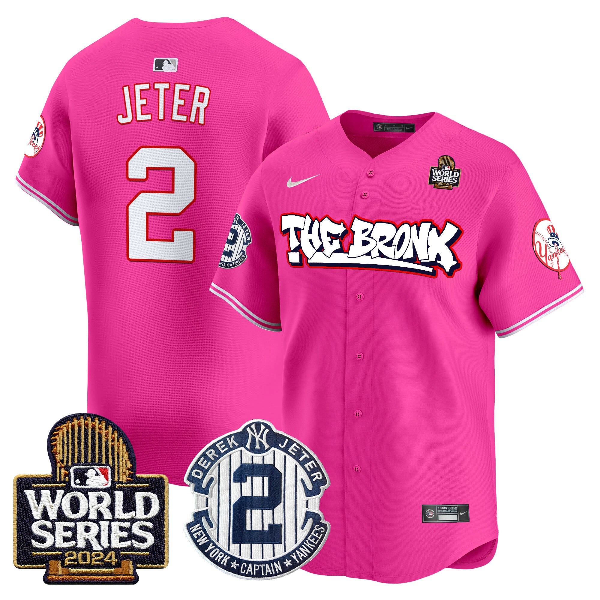 Men's Yankees The Bronx 2024 World Series Vapor Premier Limited Jersey V2 - All Stitched - Pink, Derek Jeter