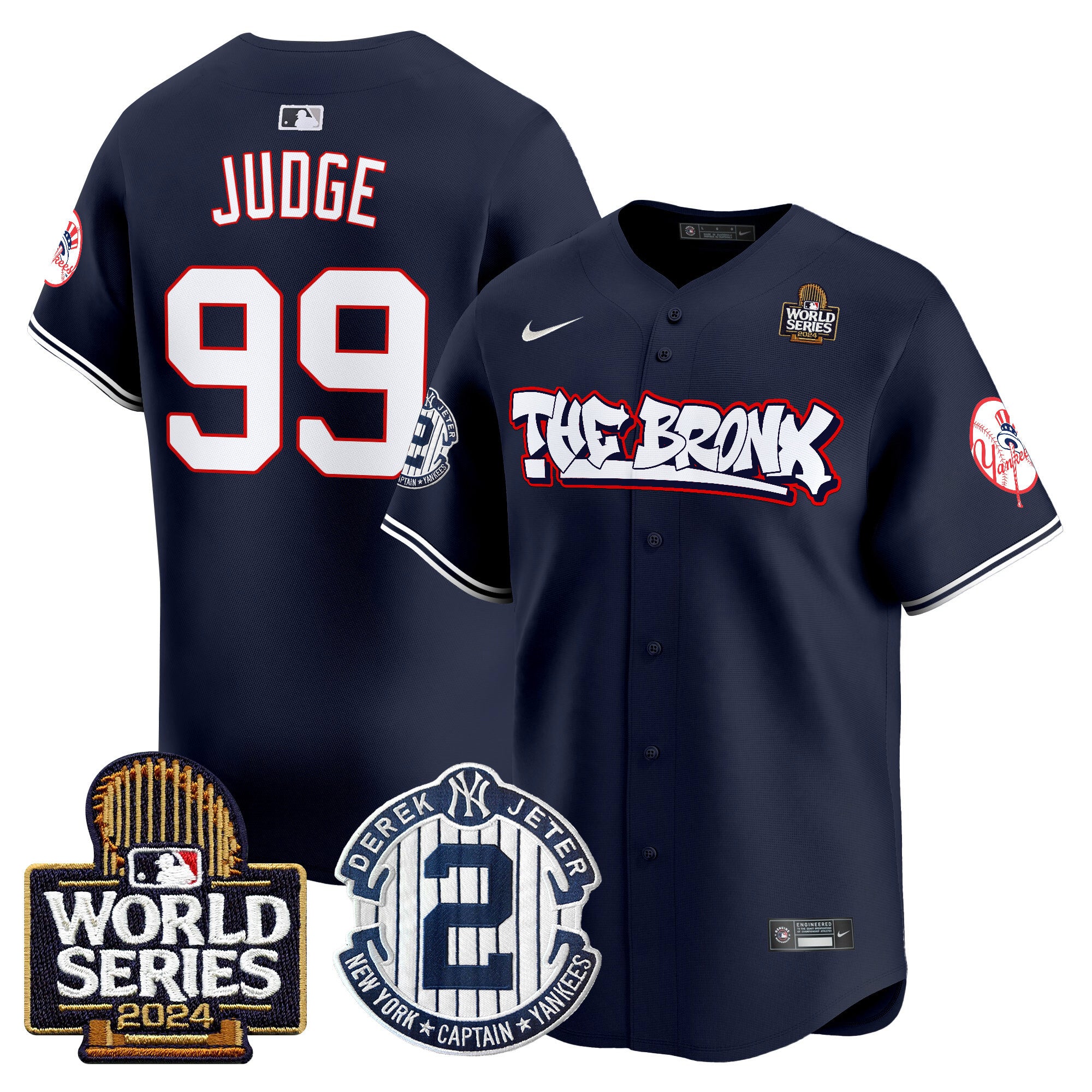 Men's Yankees The Bronx 2024 World Series Vapor Premier Limited Jersey V2 - All Stitched - Navy, Aaron Judge