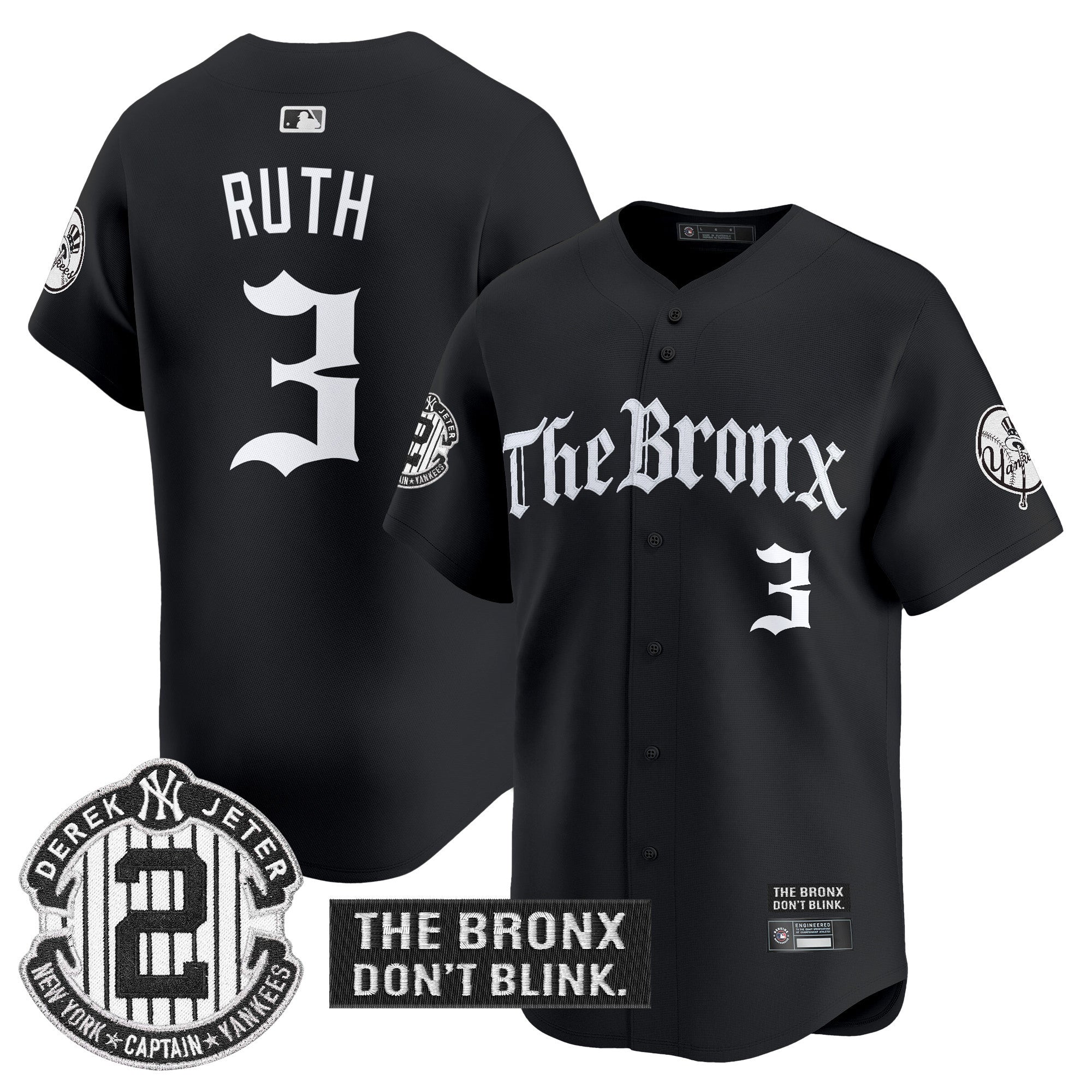 Men's Yankees 'The Bronx - Gothic Ink Drop Edition' Vapor Premier Limited Jersey - All Stitched - Black, Babe Ruth