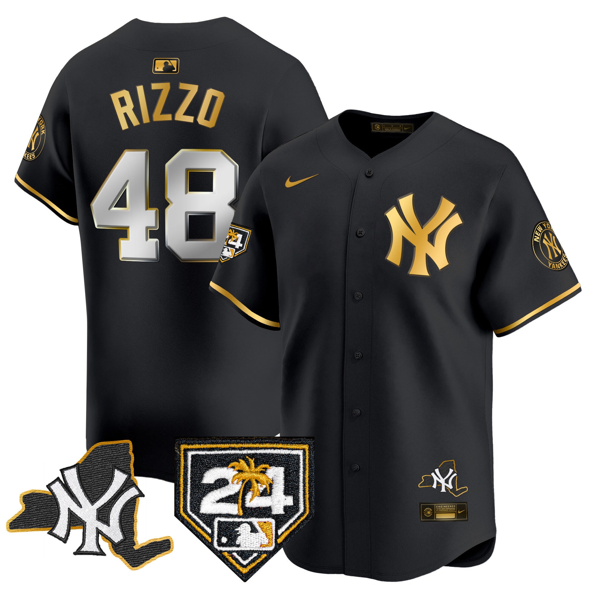 Men's Yankees Vapor Premier Limited Jersey - New York Patch - All Stitched - Black Gold, Anthony Rizzo