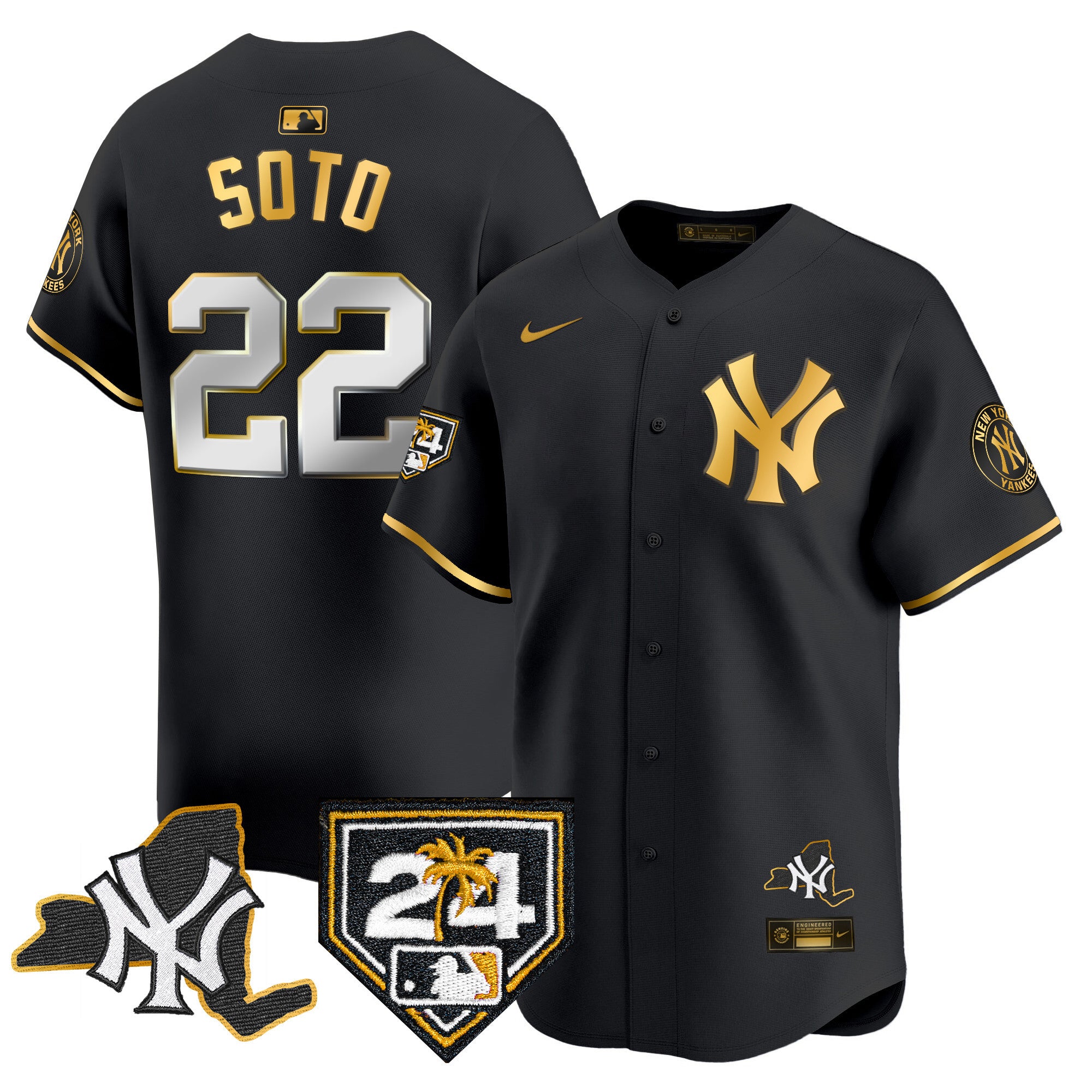 Men's Yankees Vapor Premier Limited Jersey - New York Patch - All Stitched - Black Gold, Juan Soto