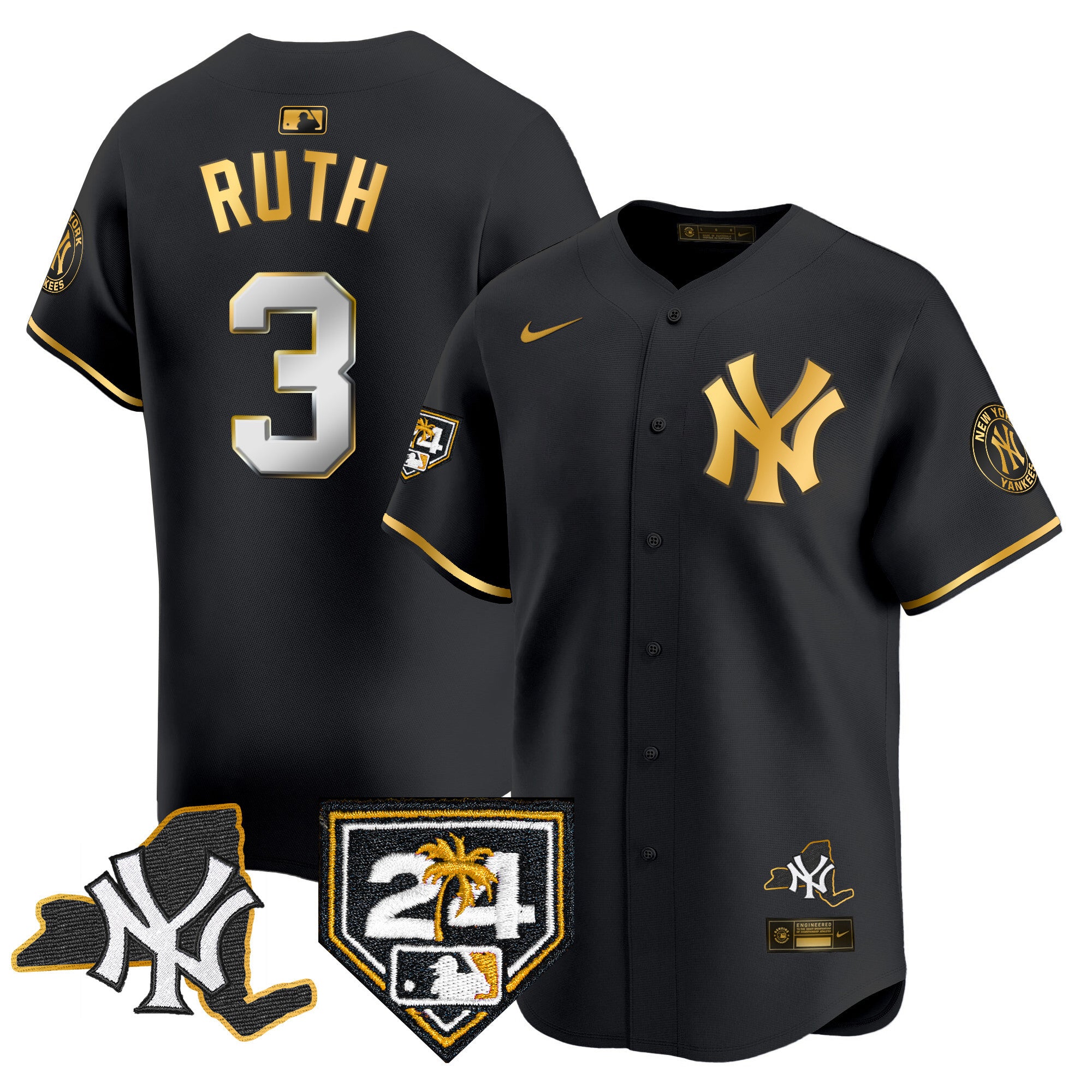 Men's Yankees Vapor Premier Limited Jersey - New York Patch - All Stitched - Black Gold, Babe Ruth