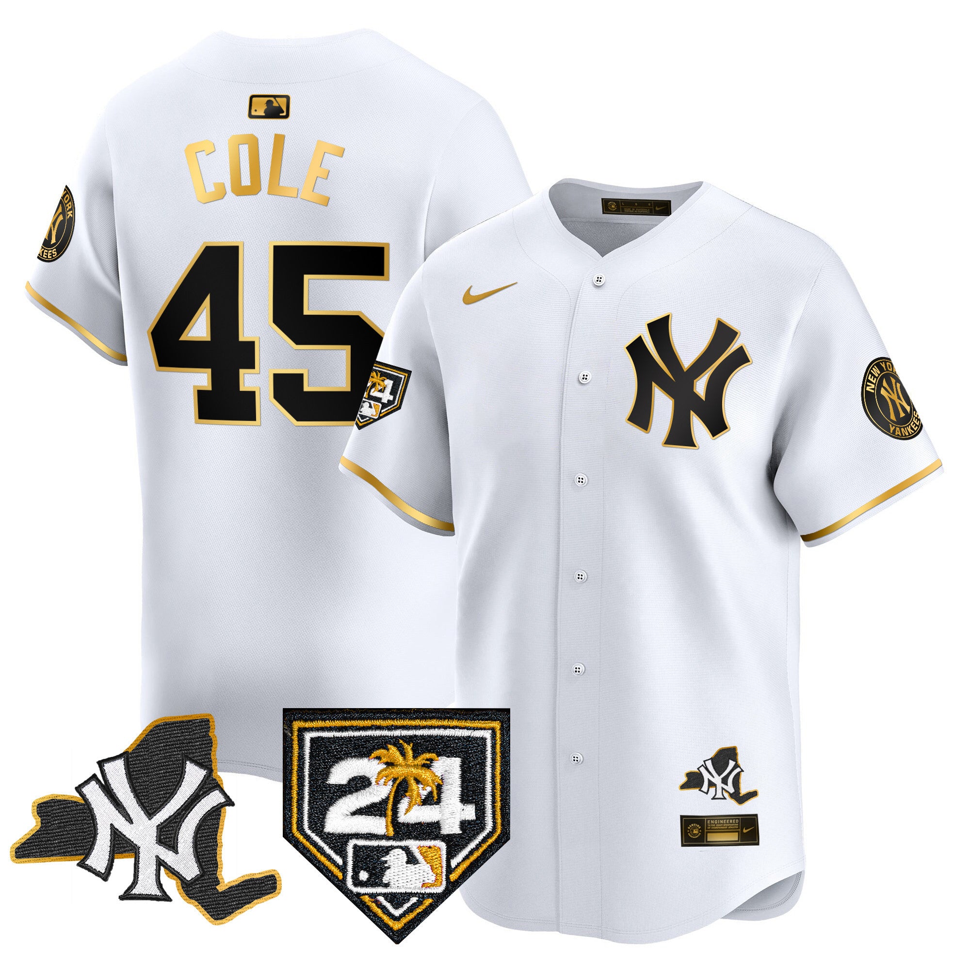 Men's Yankees Vapor Premier Limited Jersey - New York Patch - All Stitched - White Gold, Gerrit Cole