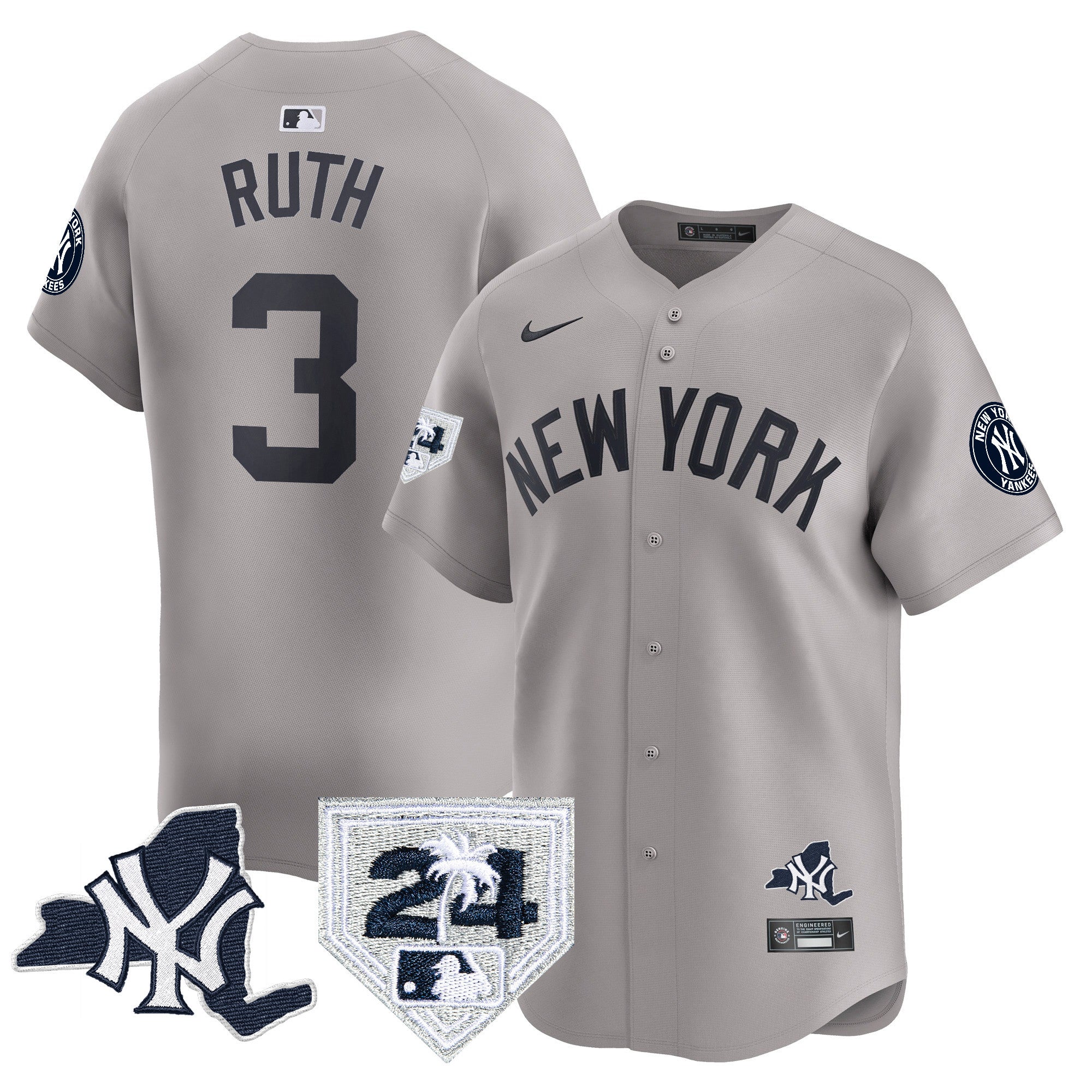 Men's Yankees Vapor Premier Limited Jersey - New York Patch - All Stitched - Gray, Babe Ruth