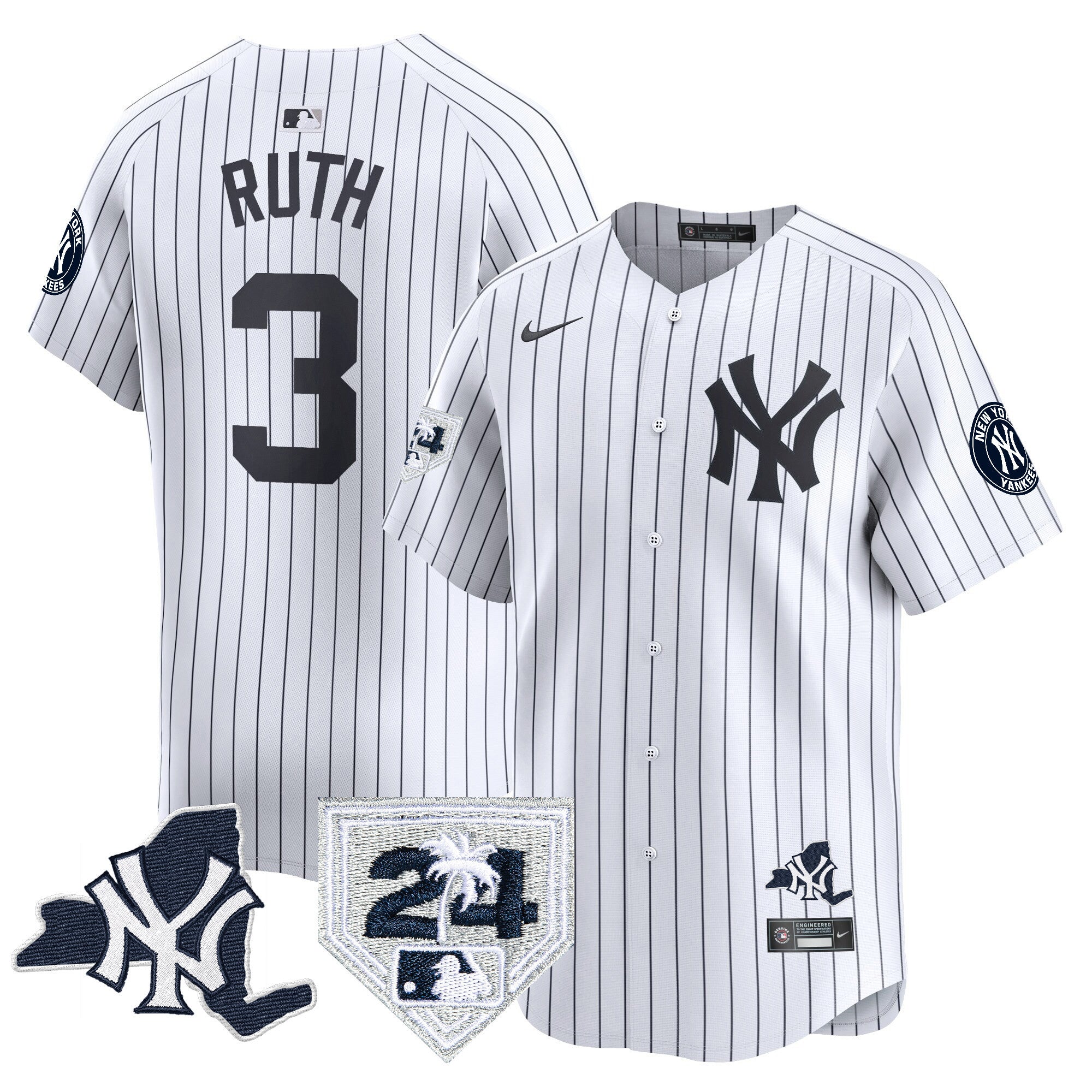 Men's Yankees Vapor Premier Limited Jersey - New York Patch - All Stitched - White, Babe Ruth