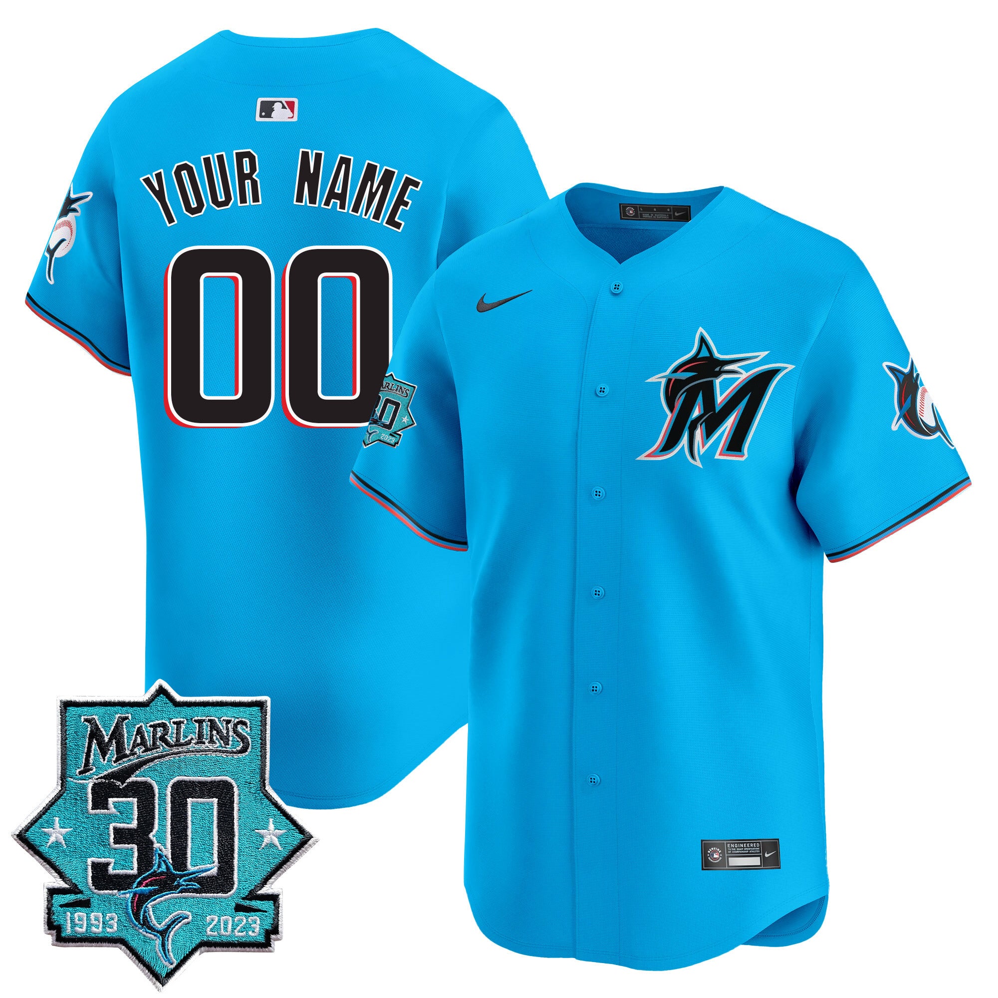 Miami Marlins 30 Seasons Anniversary Patch Vapor Premier Limited Custom Jersey - All Stitched - Men, Blue