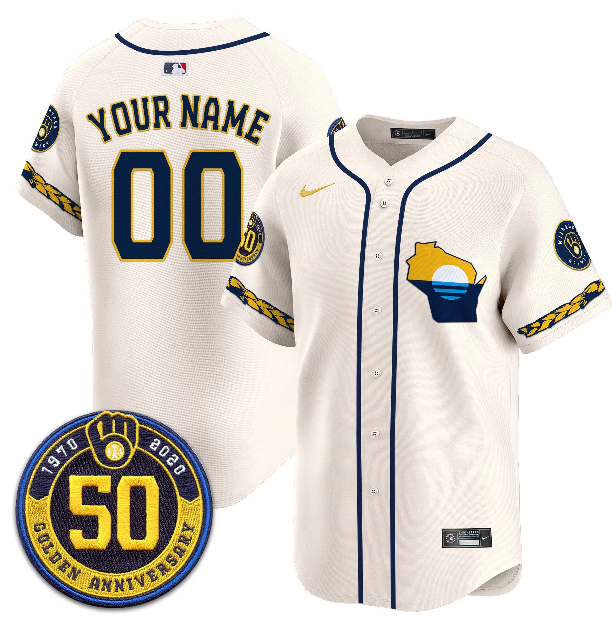 Milwaukee Brewers Golden 50th Anniversary Patch Vapor Premier Limited Custom Jersey - All Stitched - Men, Cream