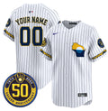 Milwaukee Brewers Golden 50th Anniversary Patch Vapor Premier Limited Custom Jersey - All Stitched - Men, Pinstripe