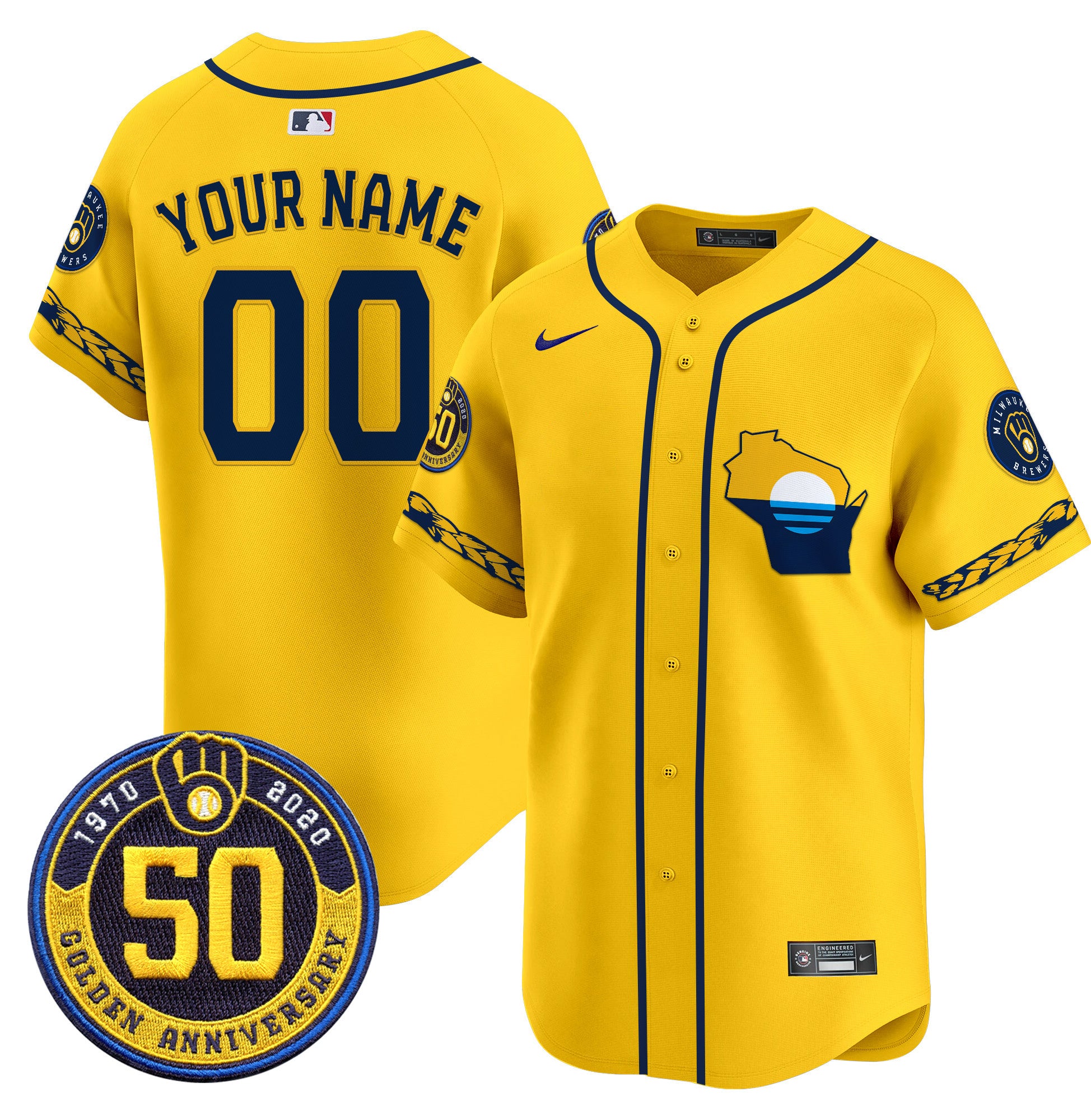 Milwaukee Brewers Golden 50th Anniversary Patch Vapor Premier Limited Custom Jersey - All Stitched - Youth, Gold
