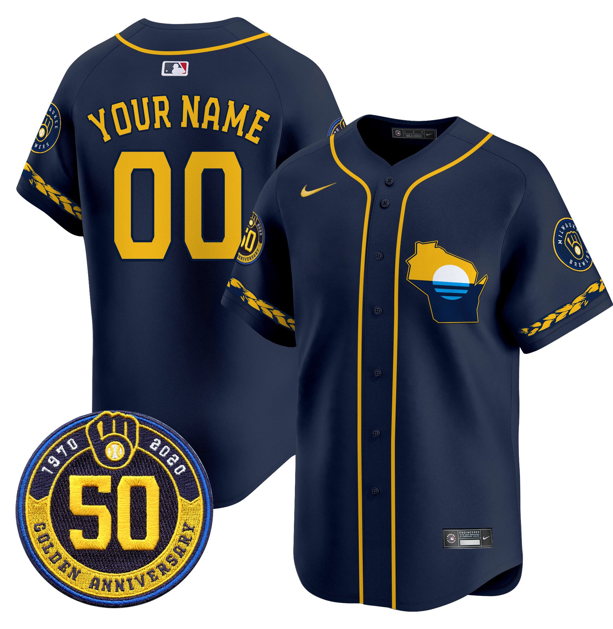 Milwaukee Brewers Golden 50th Anniversary Patch Vapor Premier Limited Custom Jersey - All Stitched - Men, Navy