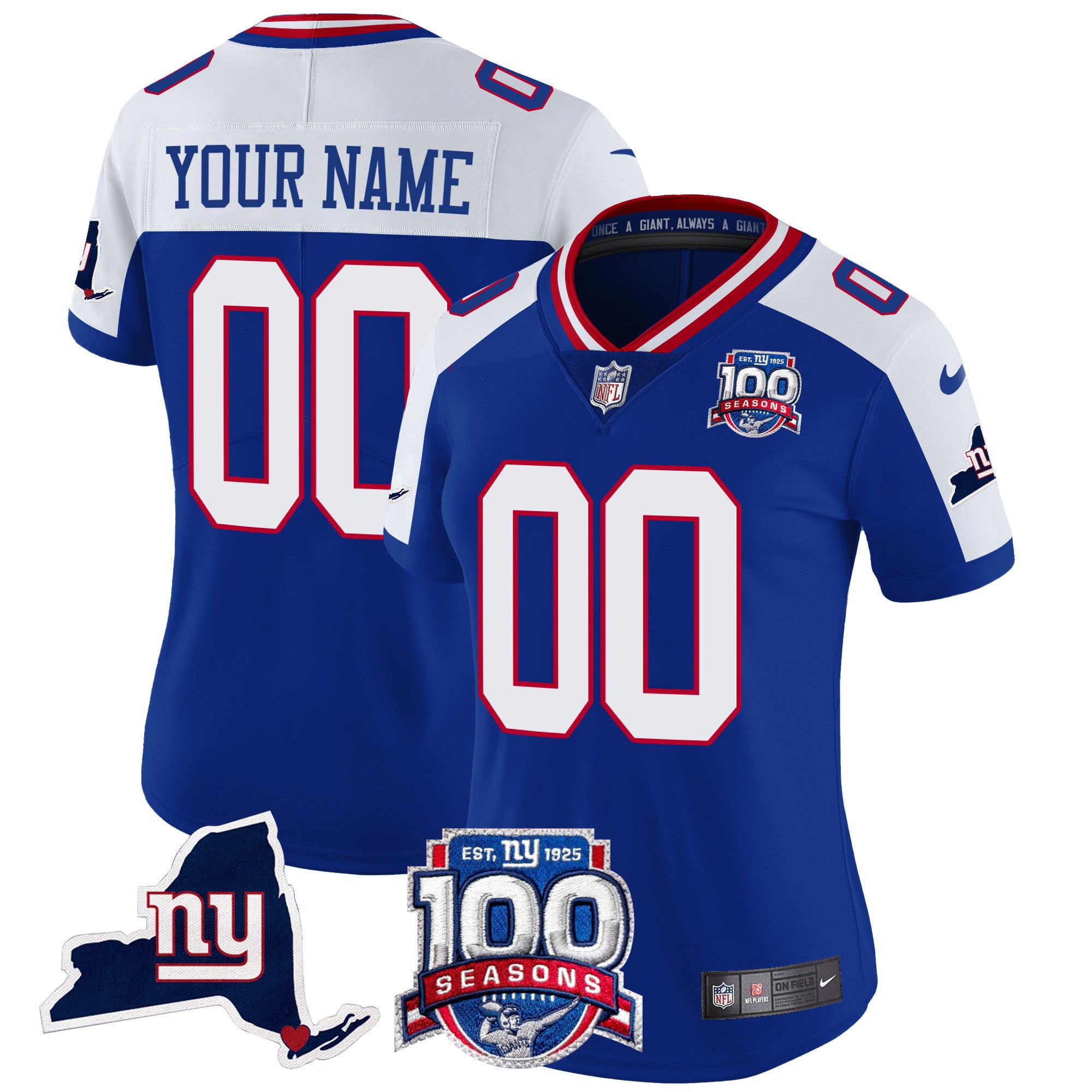 New York Giants 100th Season & State Patch Vapor Limited Custom Jersey - All Stitched - Women, Royal Alternate