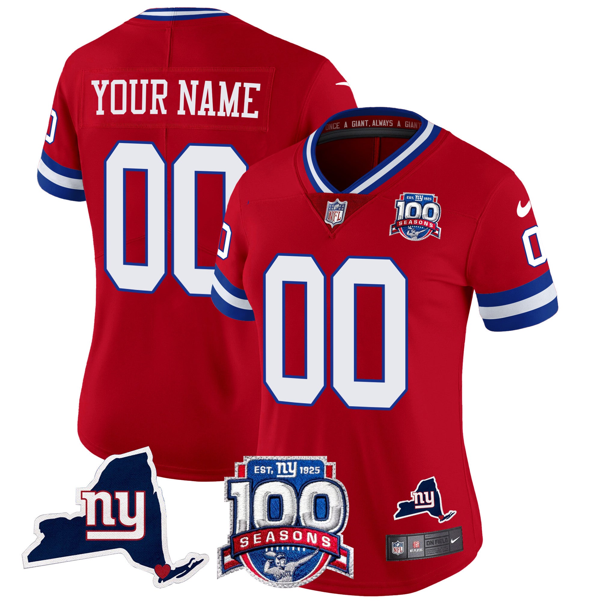 New York Giants 100th Season & State Patch Vapor Limited Custom Jersey - All Stitched - Women, Red