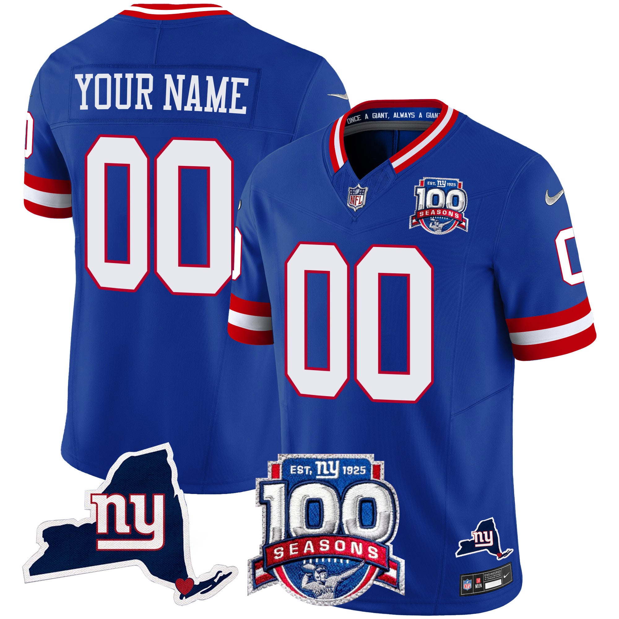 New York Giants 100th Season & State Patch Vapor Limited Custom Jersey - All Stitched - Men, Royal