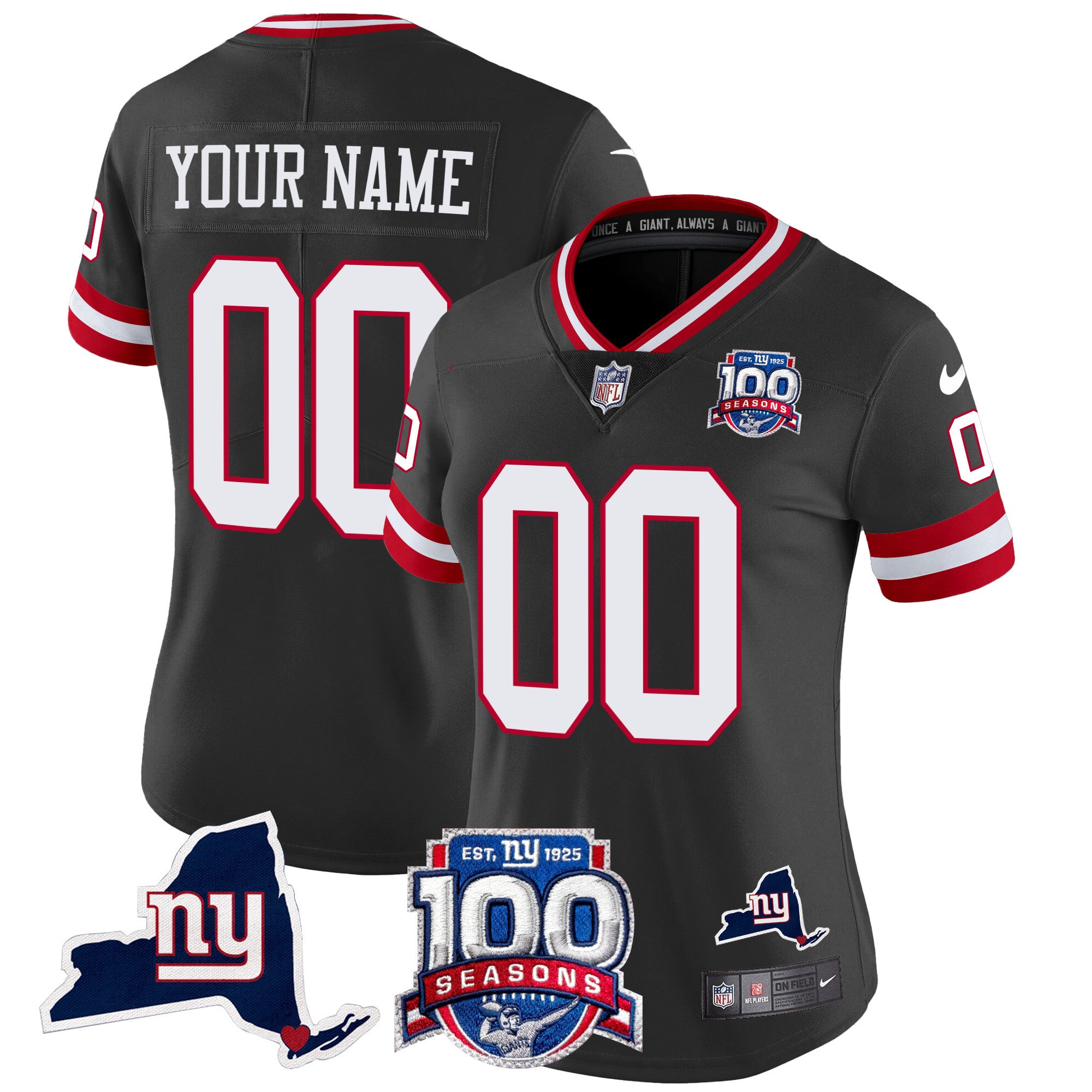 New York Giants 100th Season & State Patch Vapor Limited Custom Jersey - All Stitched - Women, Black