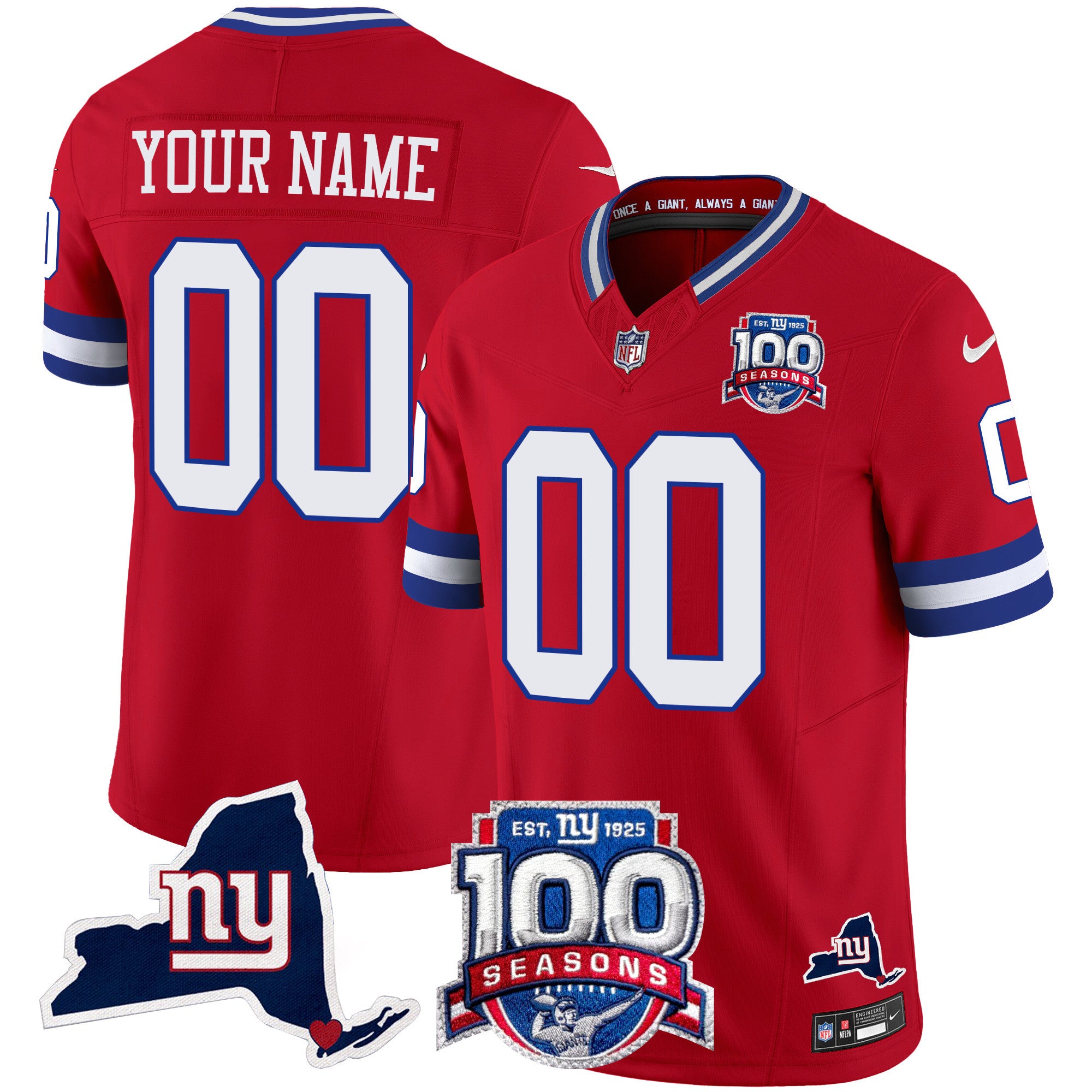 New York Giants 100th Season & State Patch Vapor Limited Custom Jersey - All Stitched - Men, Red