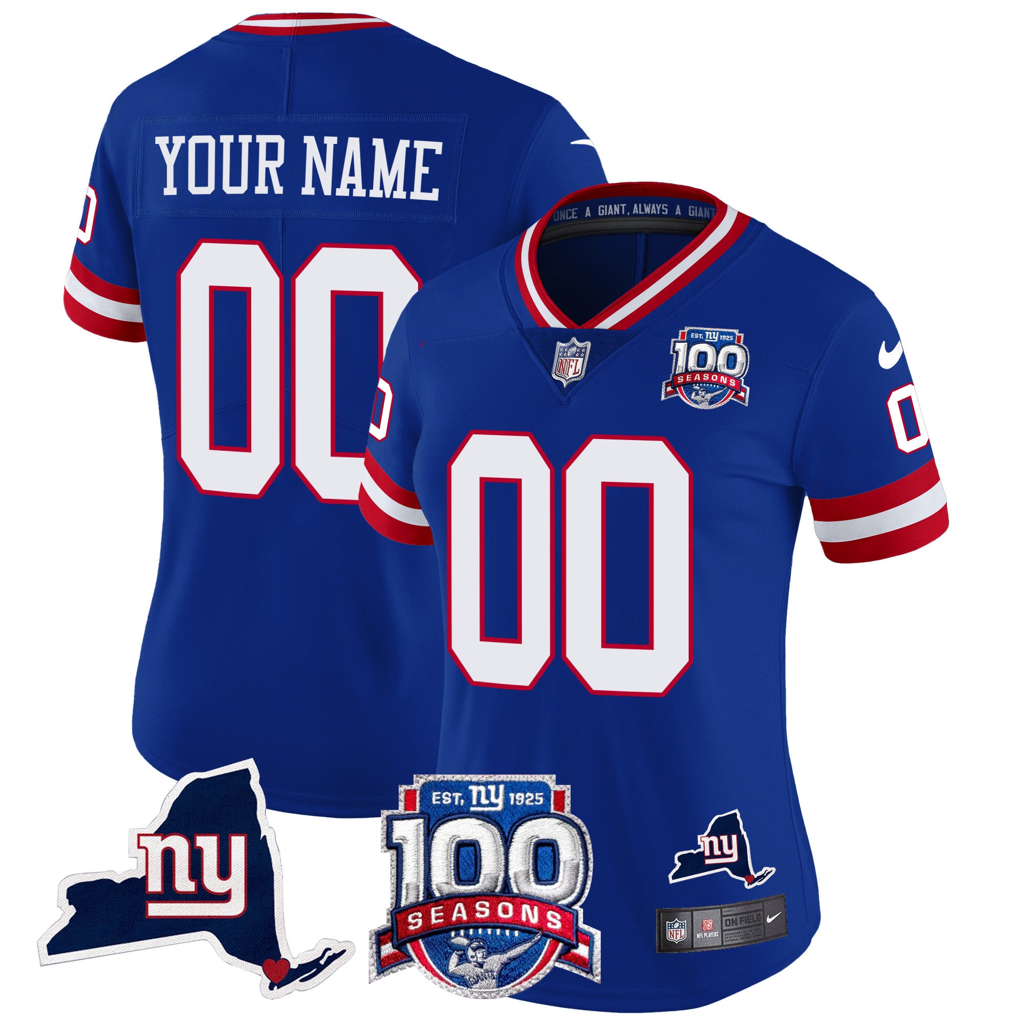 New York Giants 100th Season & State Patch Vapor Limited Custom Jersey - All Stitched - Women, Royal