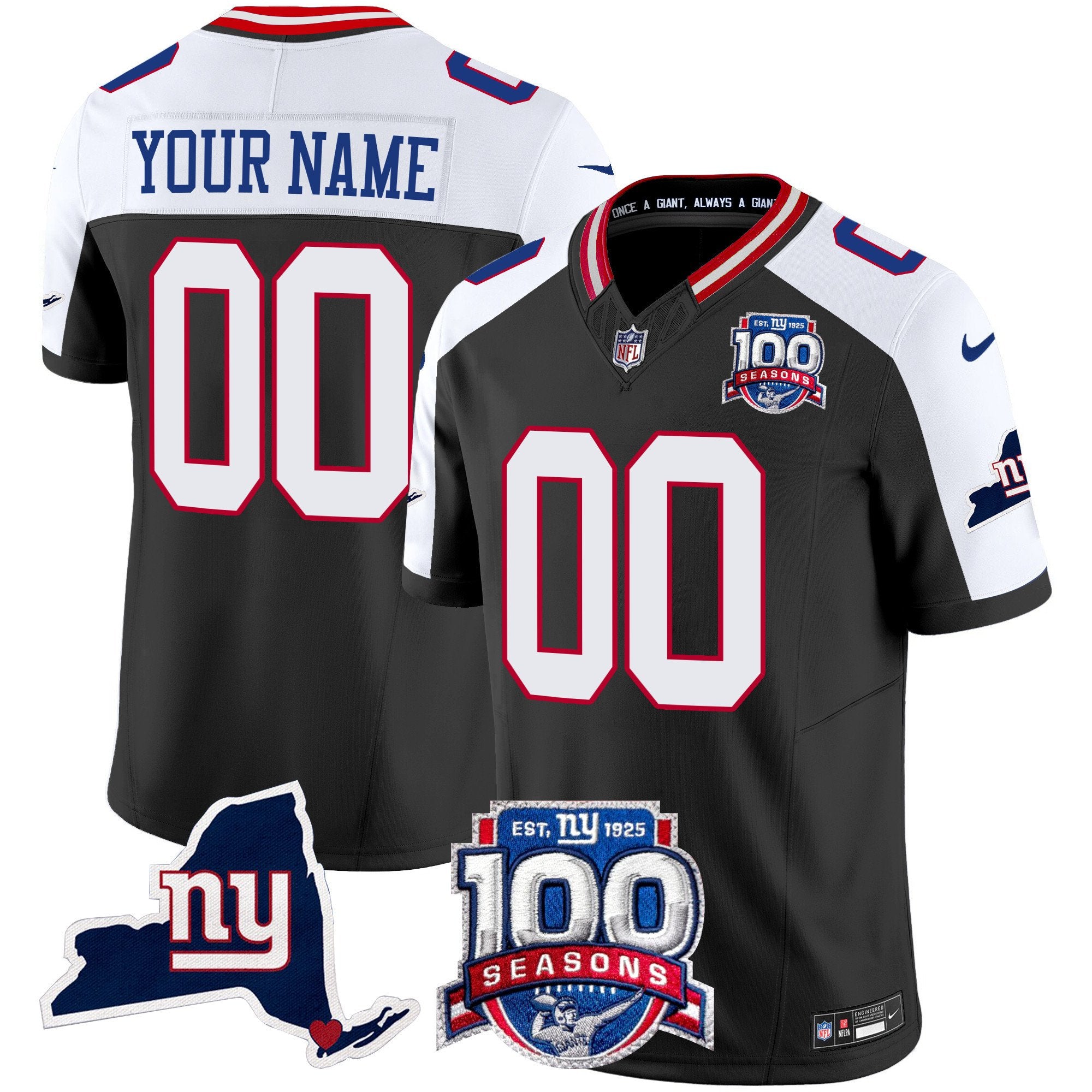 New York Giants 100th Season & State Patch Vapor Limited Custom Jersey - All Stitched - Men, Black Alternate