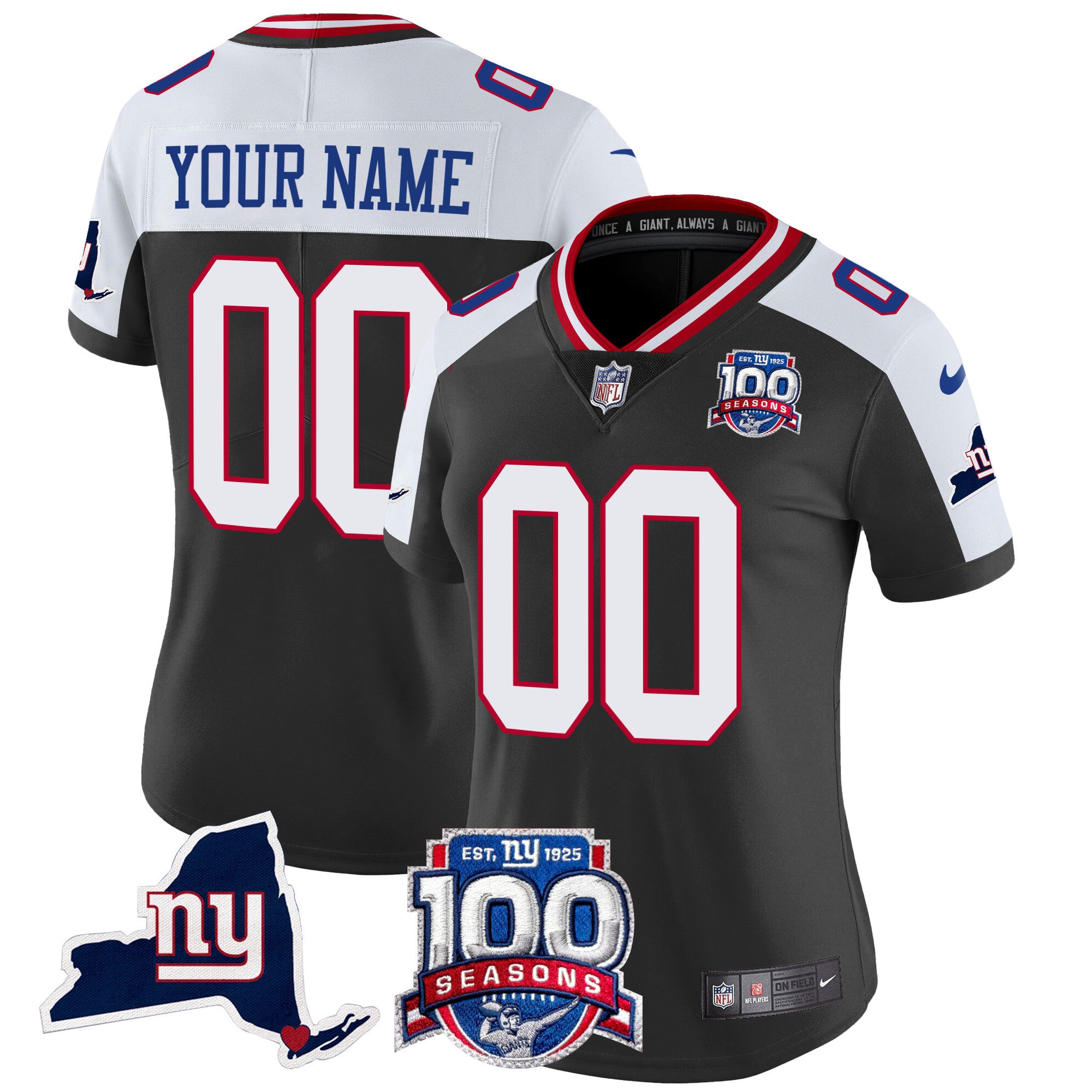 New York Giants 100th Season & State Patch Vapor Limited Custom Jersey - All Stitched - Women, Black Alternate