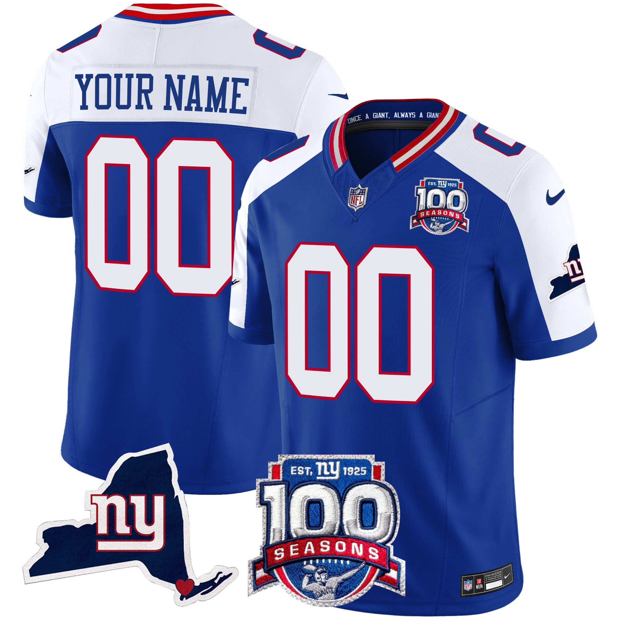 New York Giants 100th Season & State Patch Vapor Limited Custom Jersey - All Stitched - Men, Royal Alternate