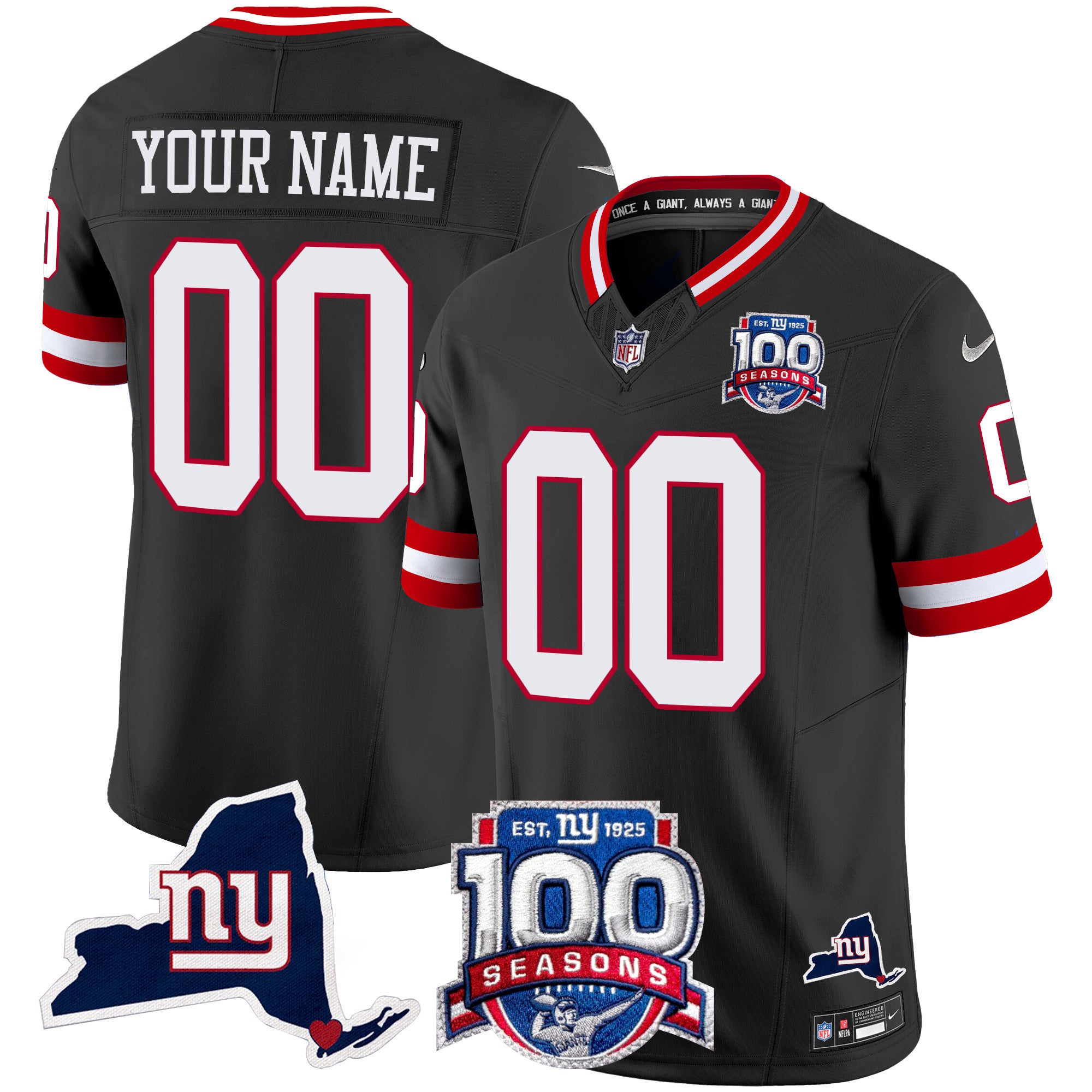 New York Giants 100th Season & State Patch Vapor Limited Custom Jersey - All Stitched - Men, Black