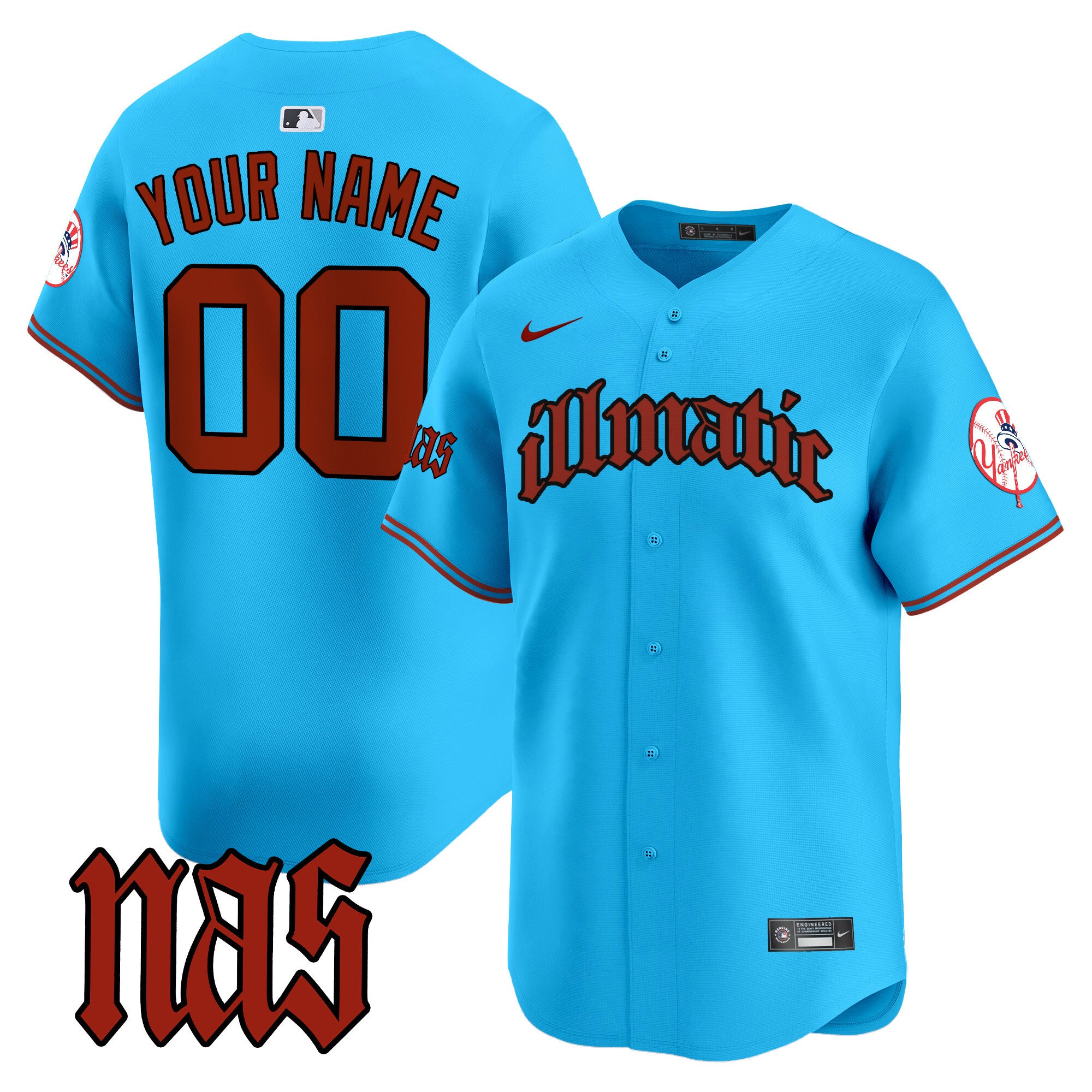 New York Yankees Nas Illmatic Vapor Premier Limited Custom Jersey - All Stitched - Men, Light Blue