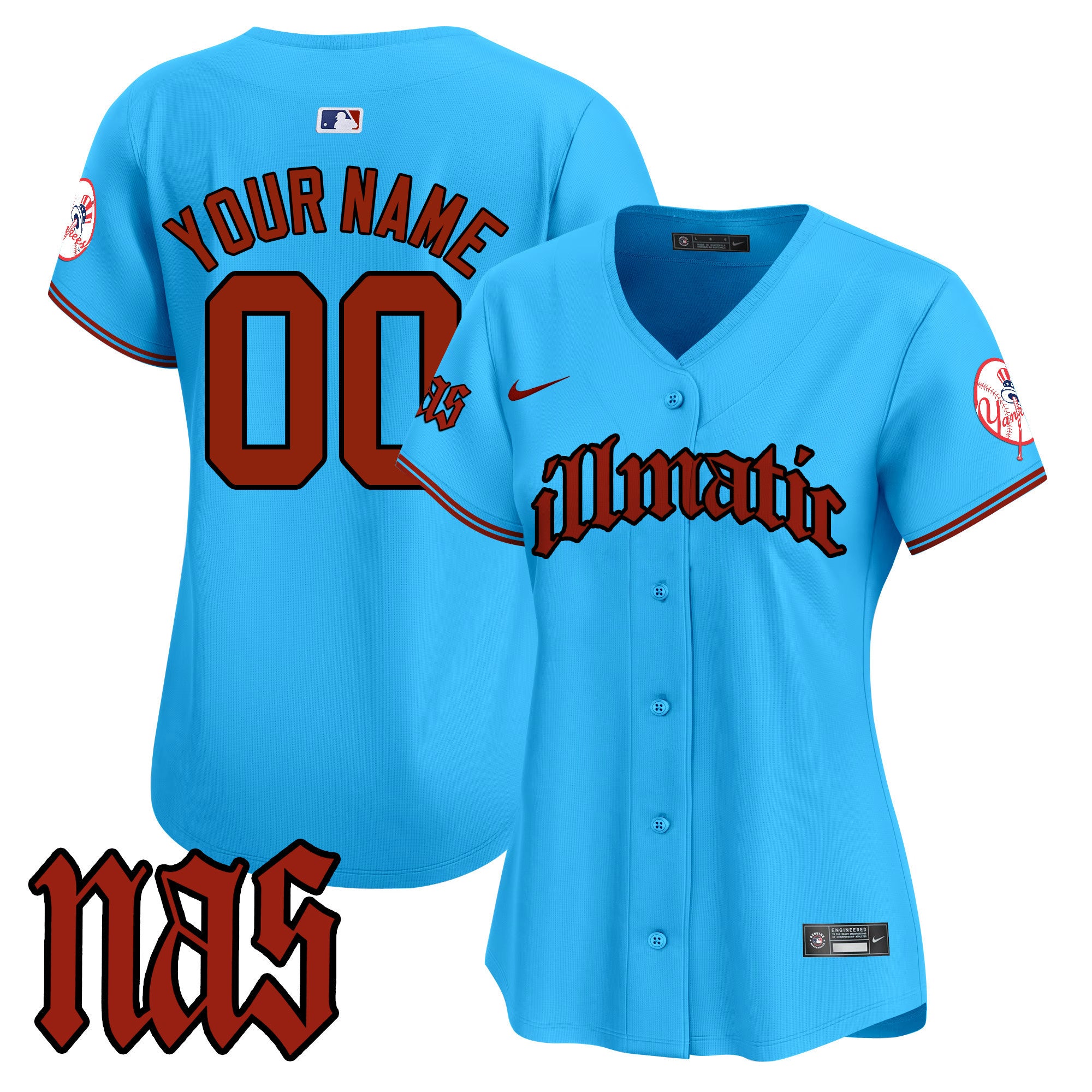 New York Yankees Nas Illmatic Vapor Premier Limited Custom Jersey - All Stitched - Women, Light Blue