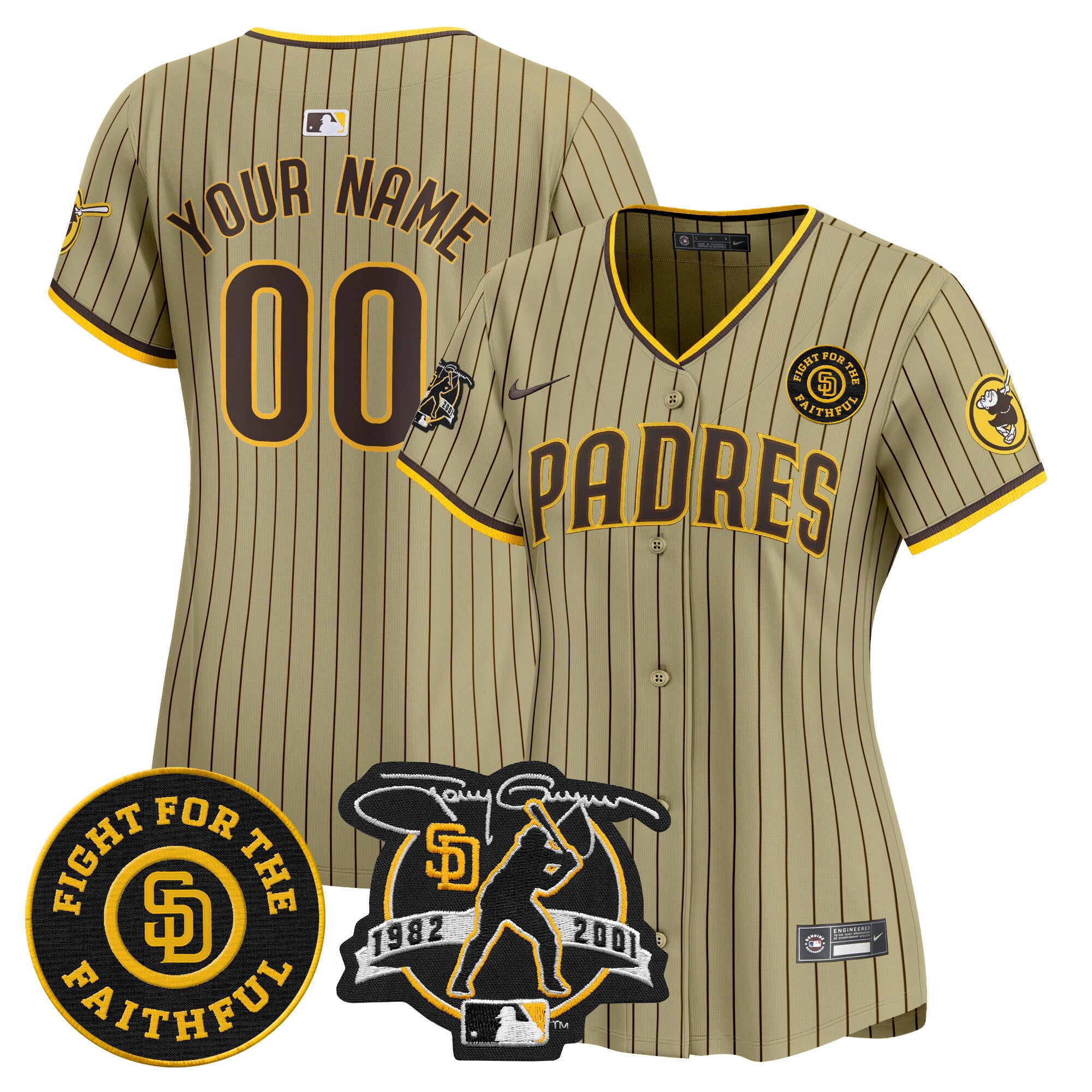 Padres Tony Gwynn & Faithful Patch Vapor Premier Limited Custom Jersey - All Stitched - Women, Tan