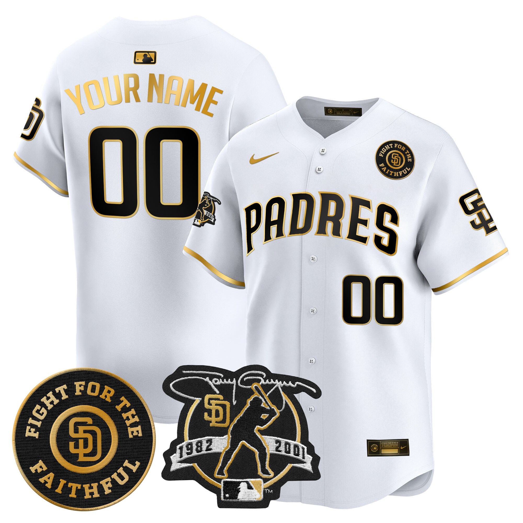 Padres Tony Gwynn & Faithful Patch Vapor Premier Limited Custom Jersey - All Stitched - Men, White Gold