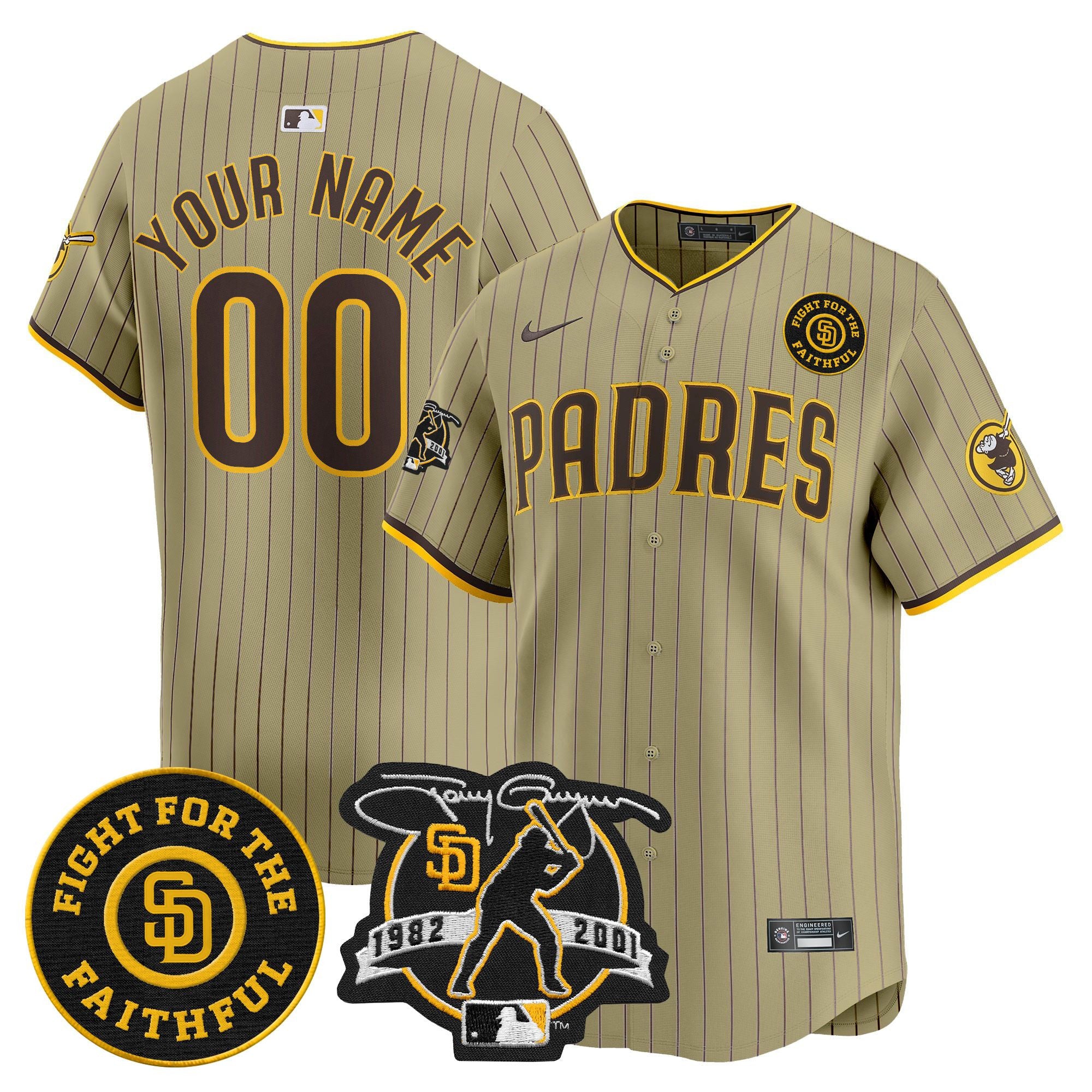 Padres Tony Gwynn & Faithful Patch Vapor Premier Limited Custom Jersey - All Stitched - Men, Tan