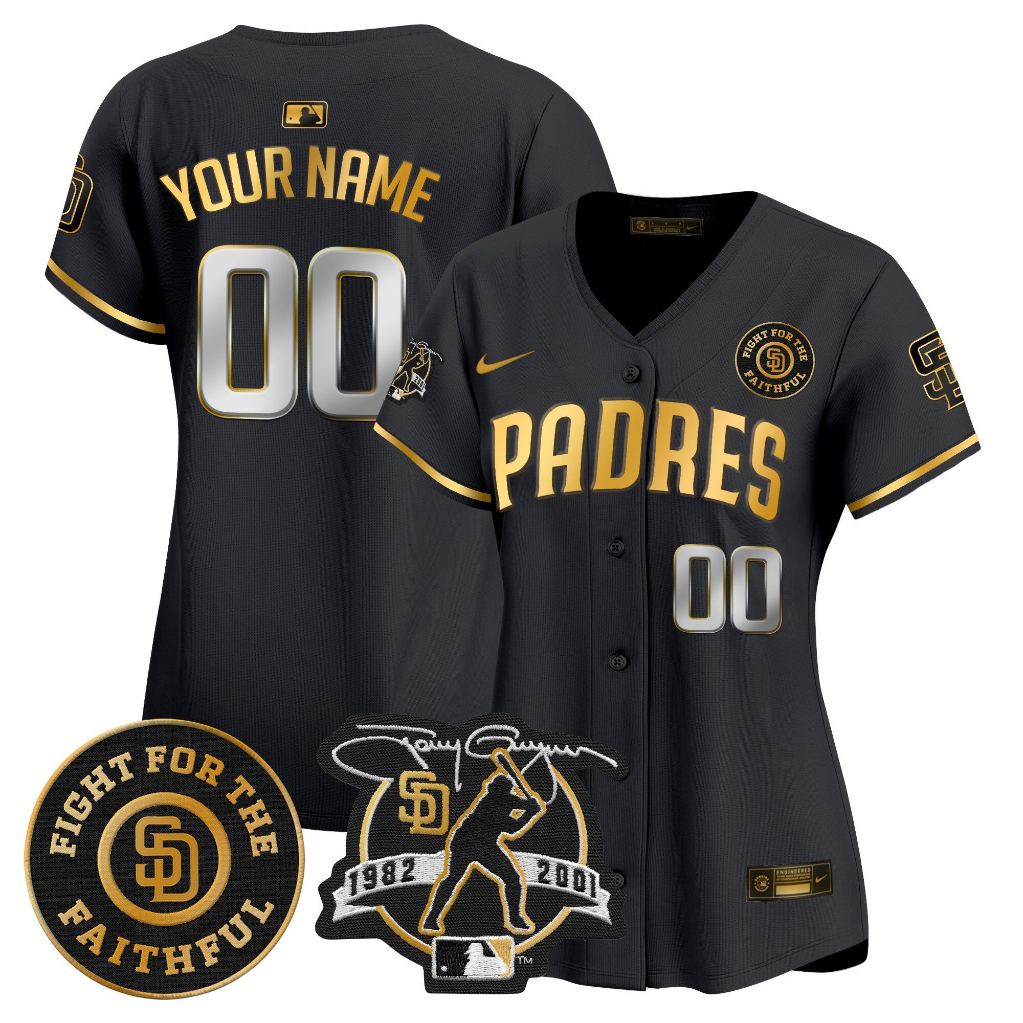 Padres Tony Gwynn & Faithful Patch Vapor Premier Limited Custom Jersey - All Stitched - Women, Black Gold