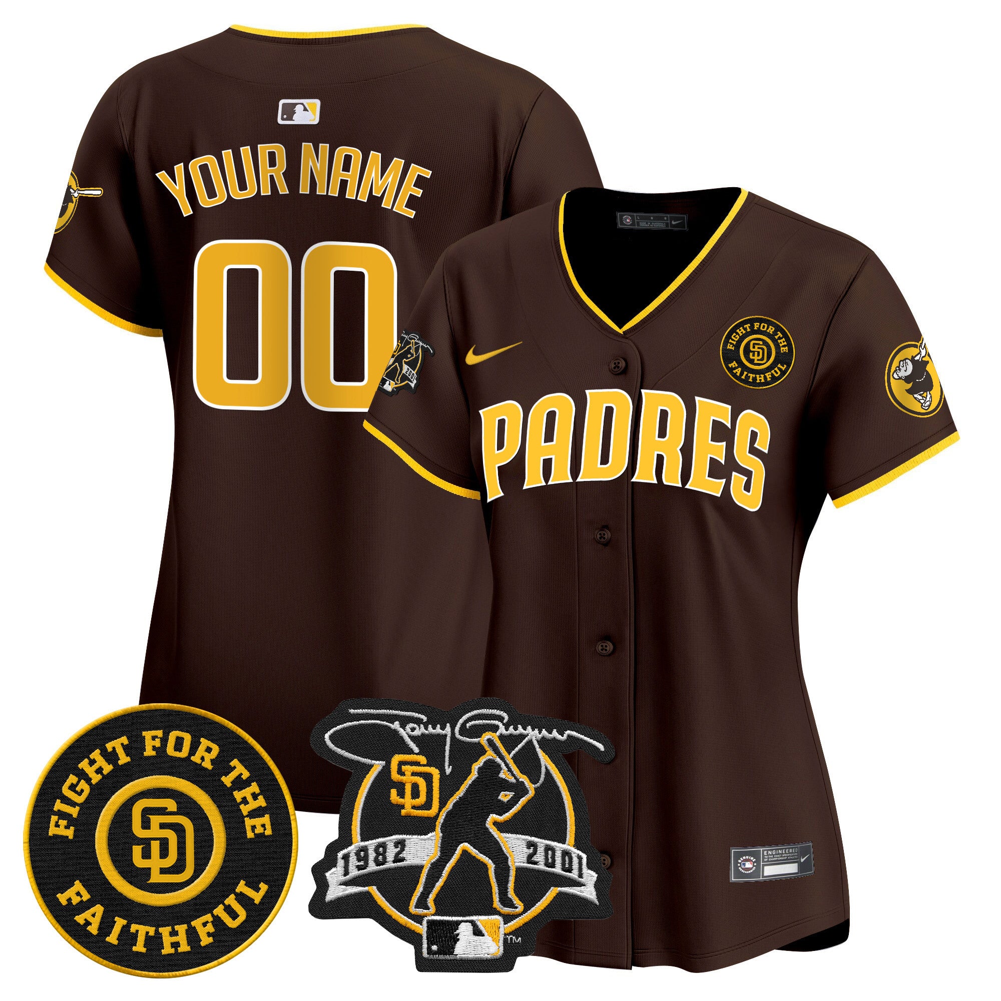 Padres Tony Gwynn & Faithful Patch Vapor Premier Limited Custom Jersey - All Stitched - Women, Brown