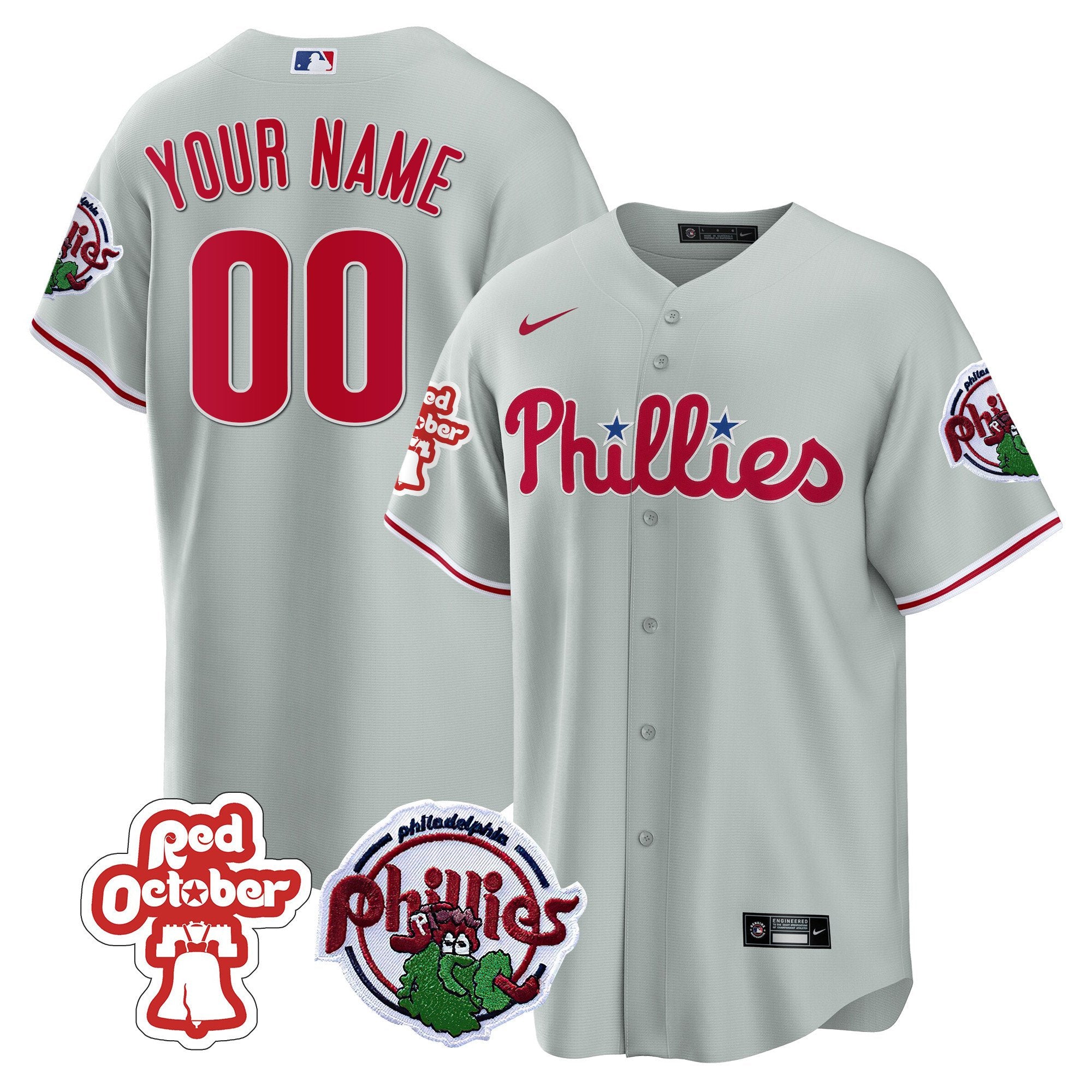 Philadelphia Phillies Red October Patch Custom Jersey - All Stitched - Men, Cool Gray