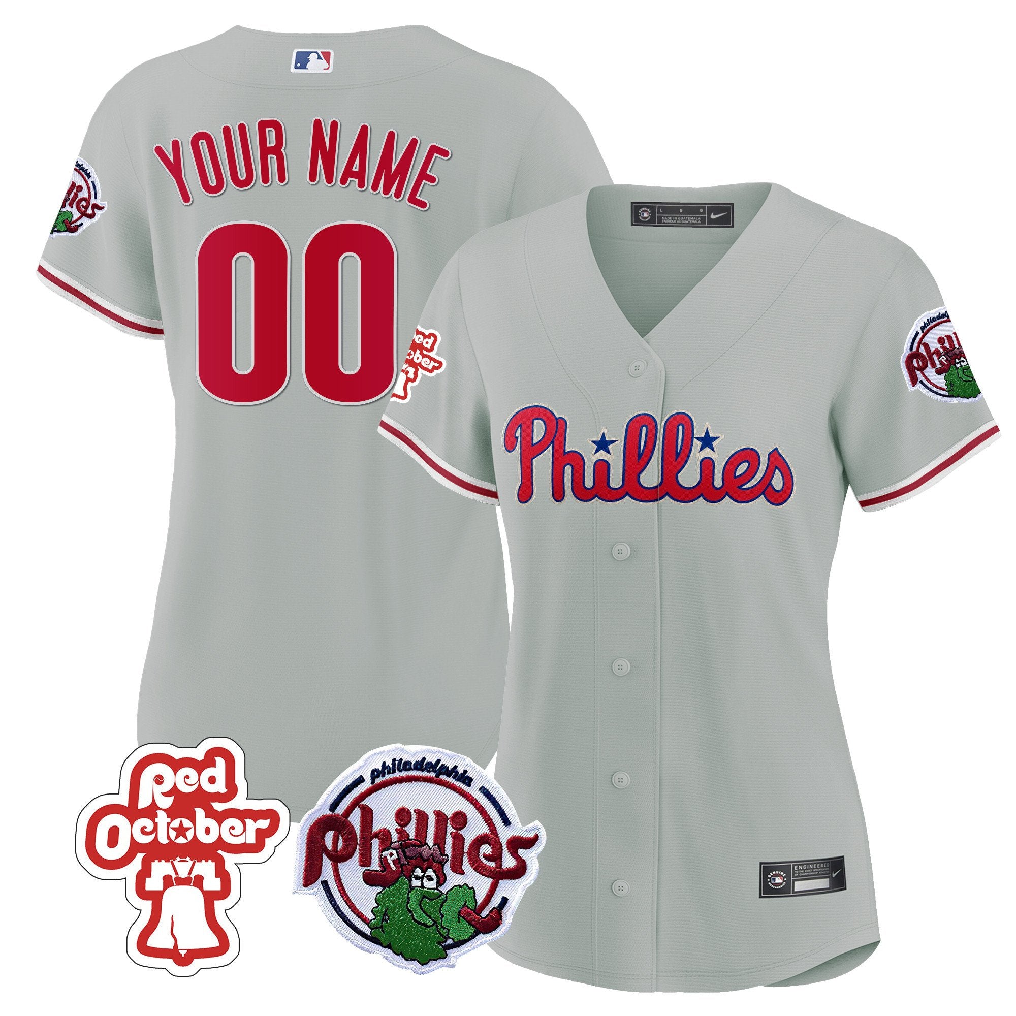 Philadelphia Phillies Red October Patch Custom Jersey - All Stitched - Women, Flex Gray