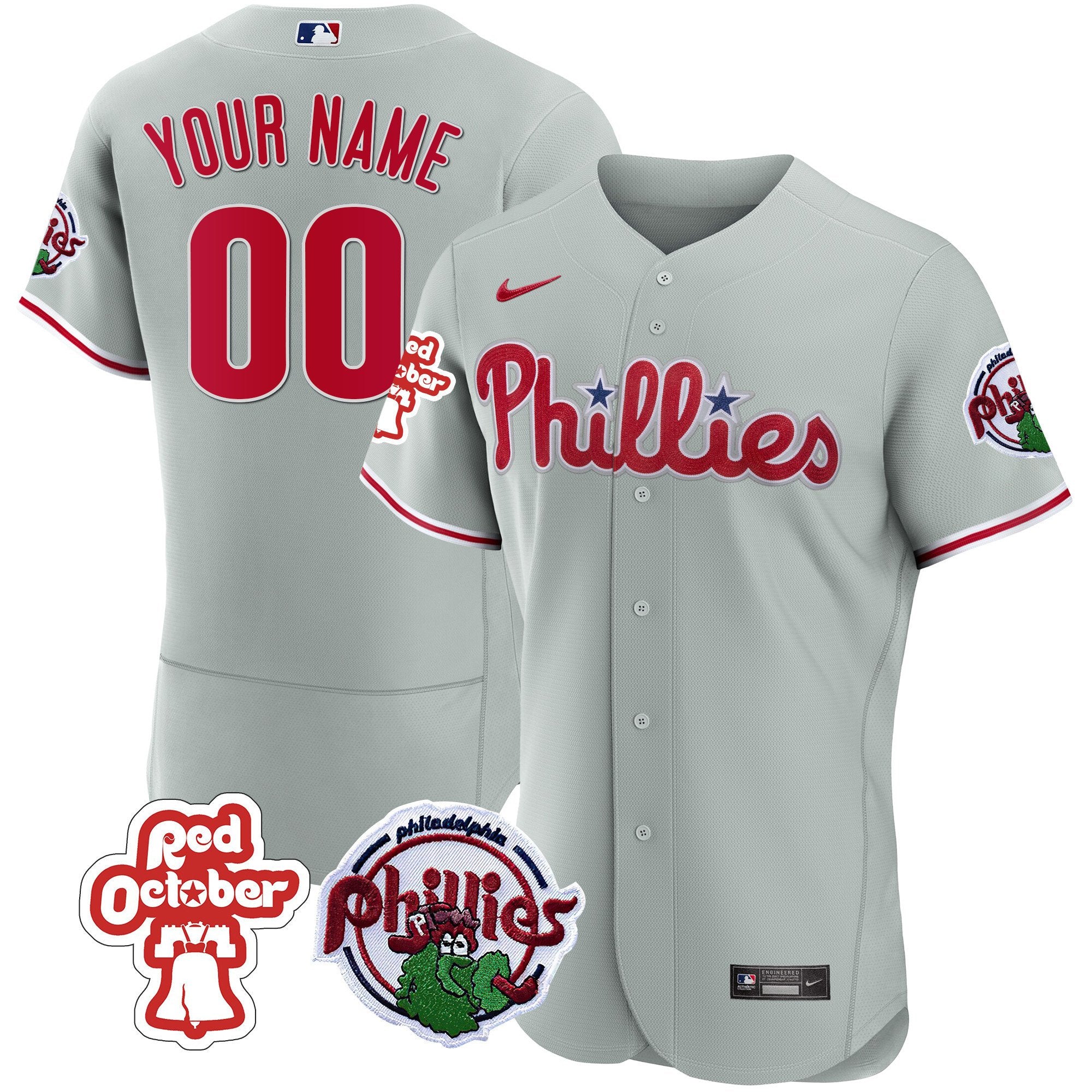 Philadelphia Phillies Red October Patch Custom Jersey - All Stitched - Men, Flex Gray