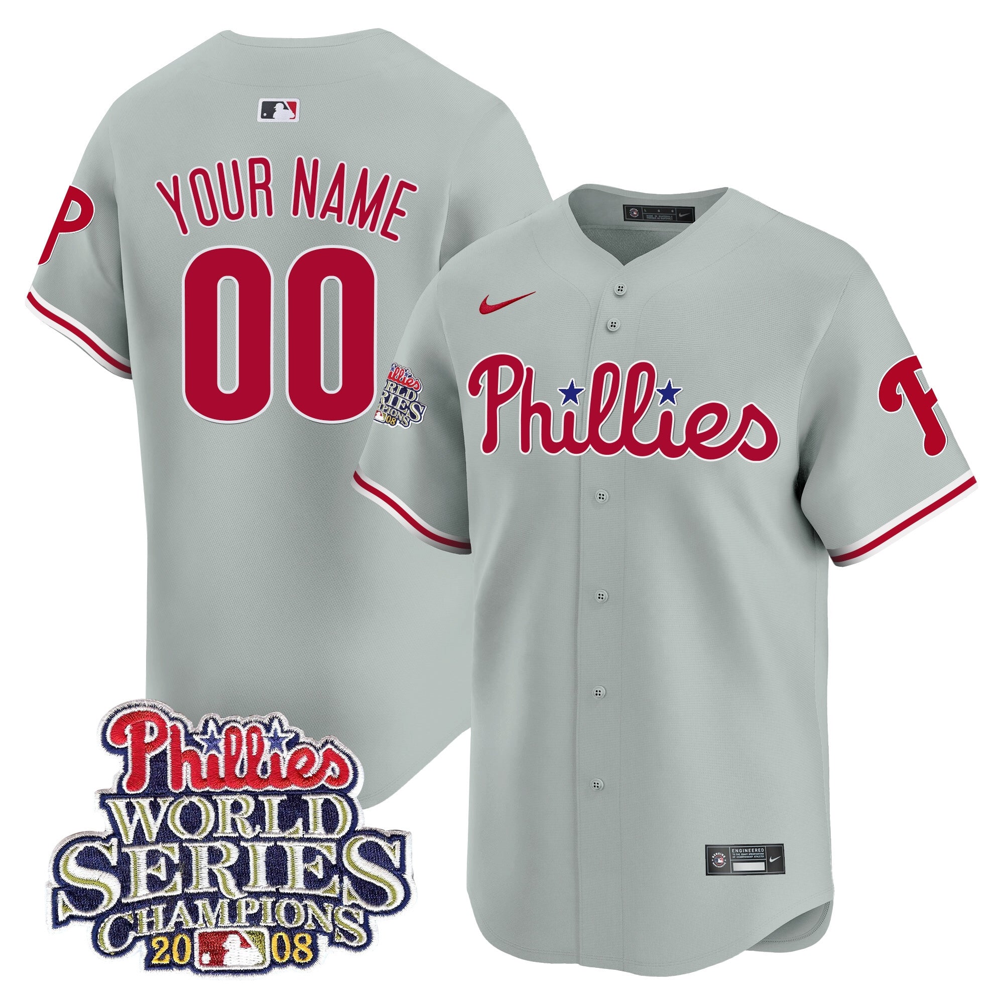 Phillies 2008 World Series Champions Patch Vapor Premier Limited Custom Jersey - All Stitched - Men, Gray Road