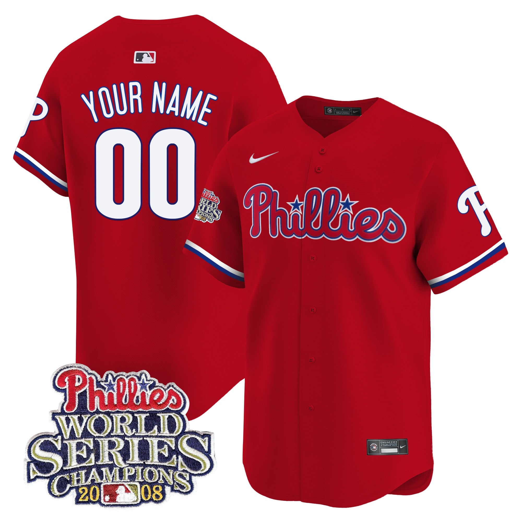 Phillies 2008 World Series Champions Patch Vapor Premier Limited Custom Jersey - All Stitched - Men, Red