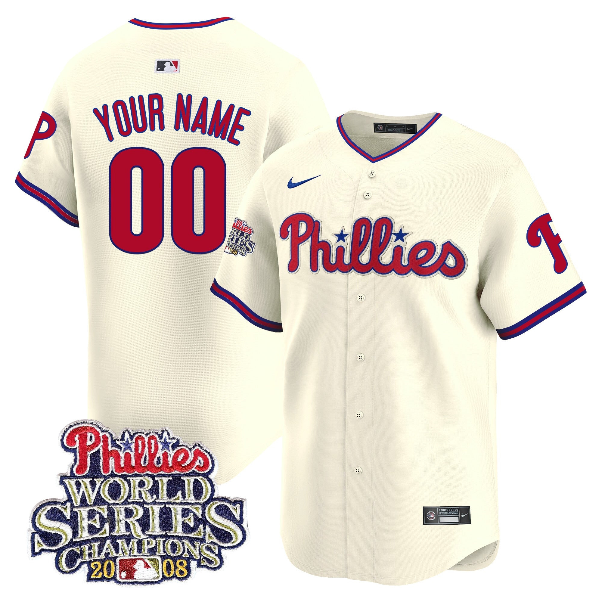 Phillies 2008 World Series Champions Patch Vapor Premier Limited Custom Jersey - All Stitched - Youth, Cream