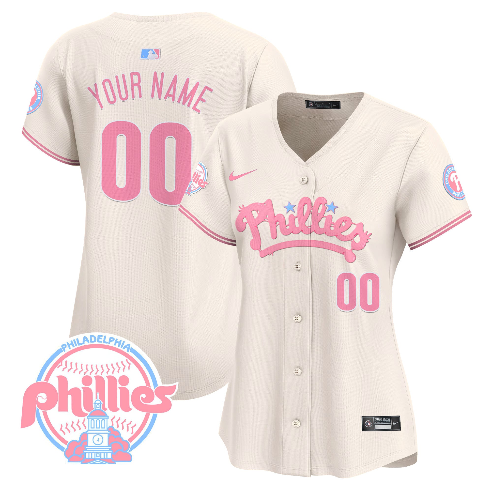 Phillies Bubblegum Pink Vapor Premier Limited Custom Jersey - All Stitched - Women, Cream