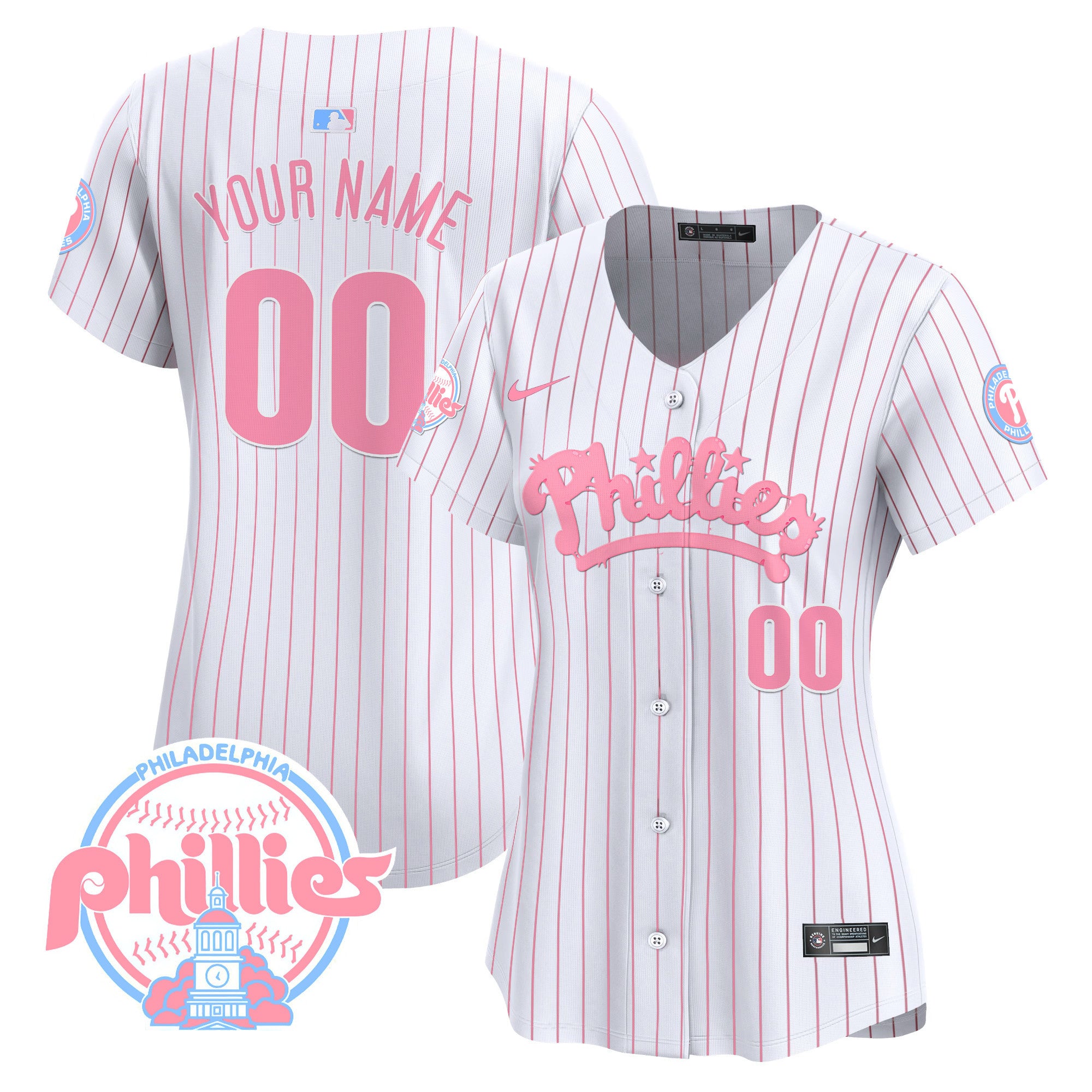 Phillies Bubblegum Pink Vapor Premier Limited Custom Jersey - All Stitched - Women, Pinstripe