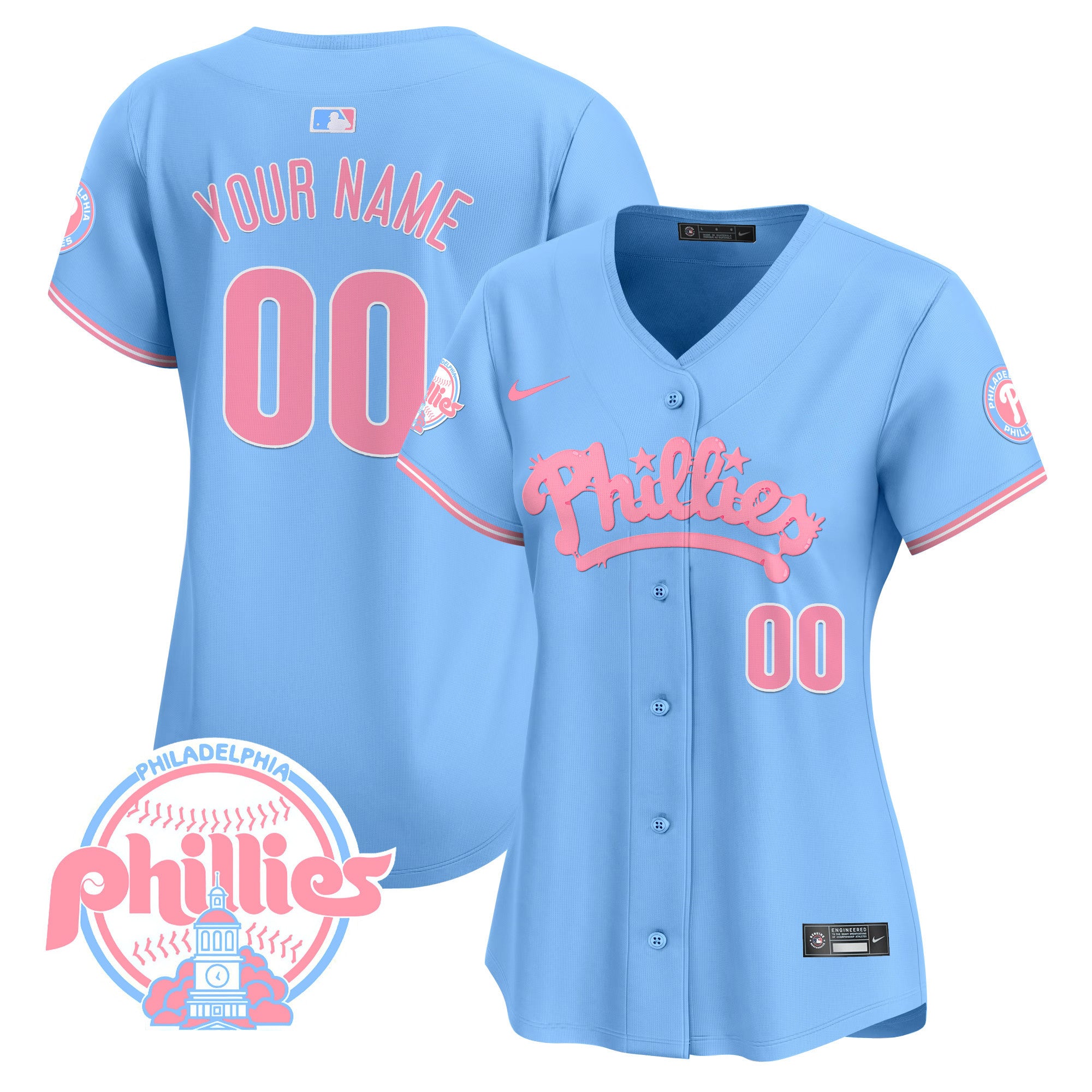 Phillies Bubblegum Pink Vapor Premier Limited Custom Jersey - All Stitched - Women, Light Blue