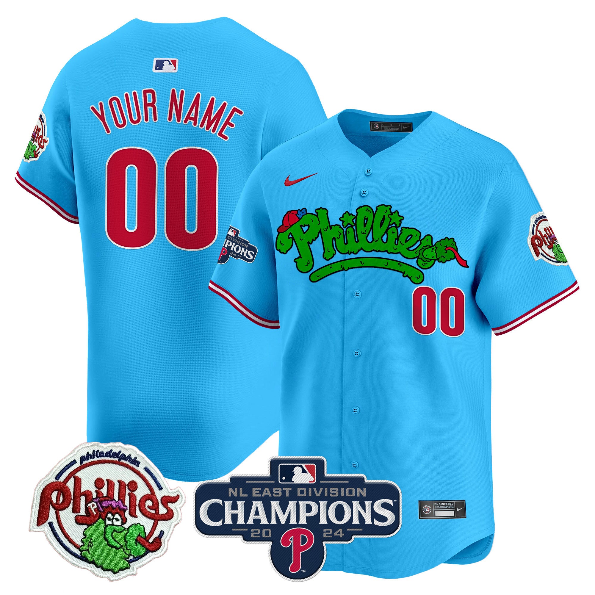 Phillies Phanatic 2024 NL East Division Champions Vapor Premier Limited Custom Jersey - All Stitched - Youth, Light Blue