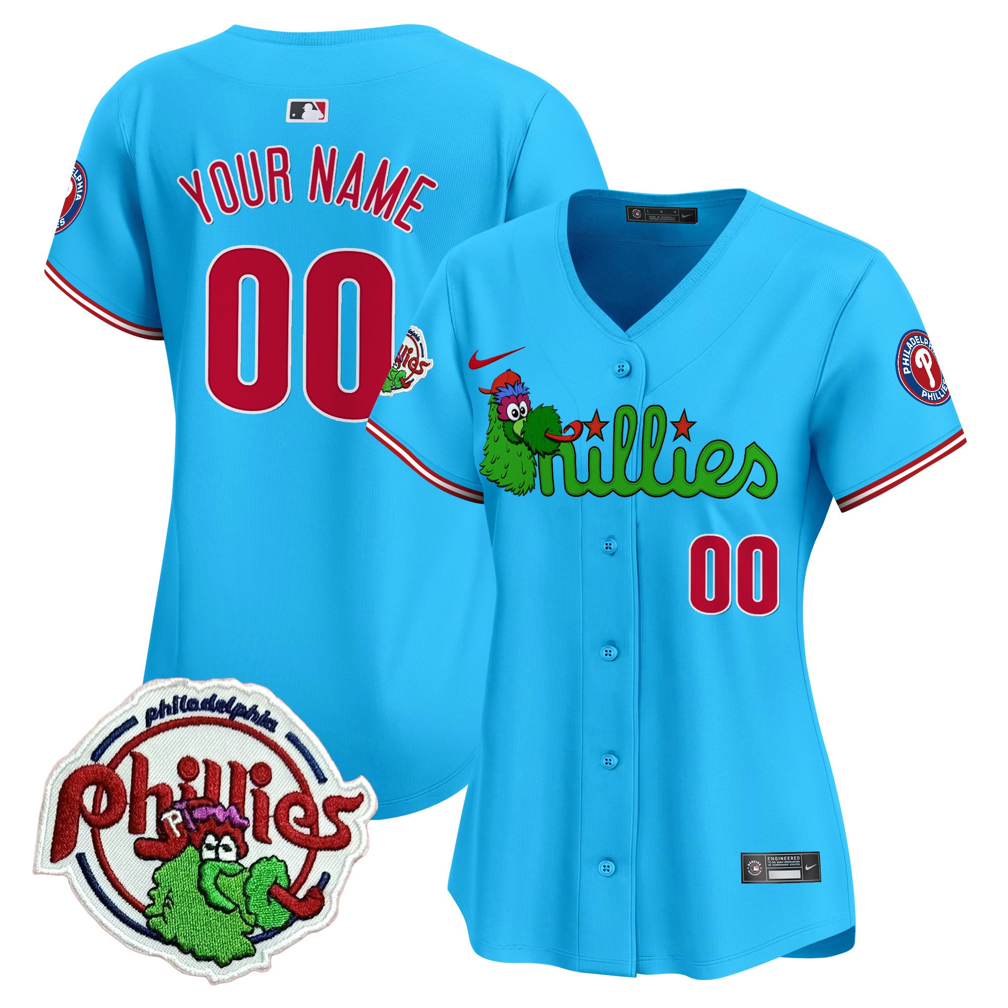 Phillies Phanatic Patch Vapor Premier Limited Custom Jersey V3 - All Stitched - Women, Light Blue