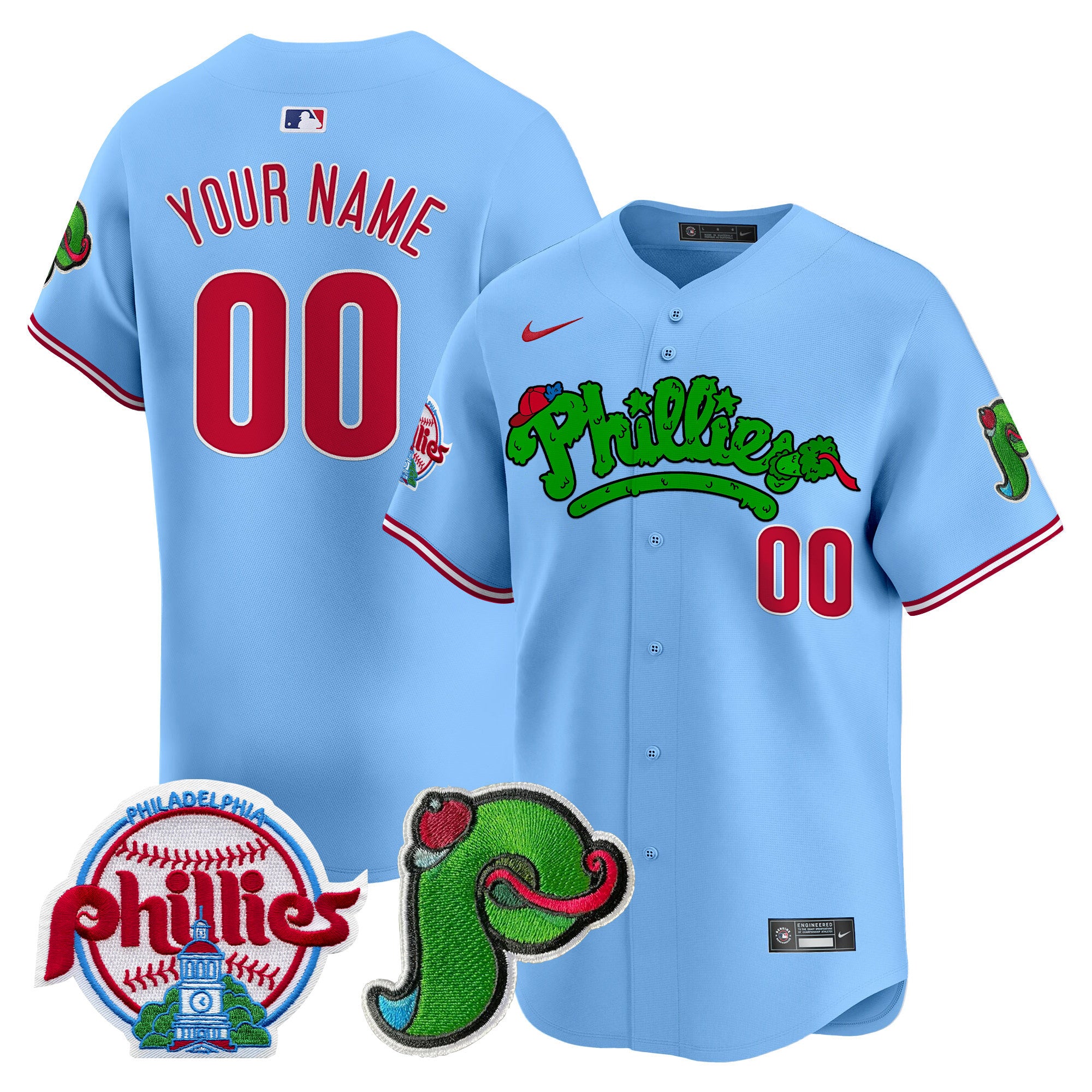 Phillies Phanatic Patch Vapor Premier Limited Custom Jersey V3 - All Stitched - Men, Light Blue