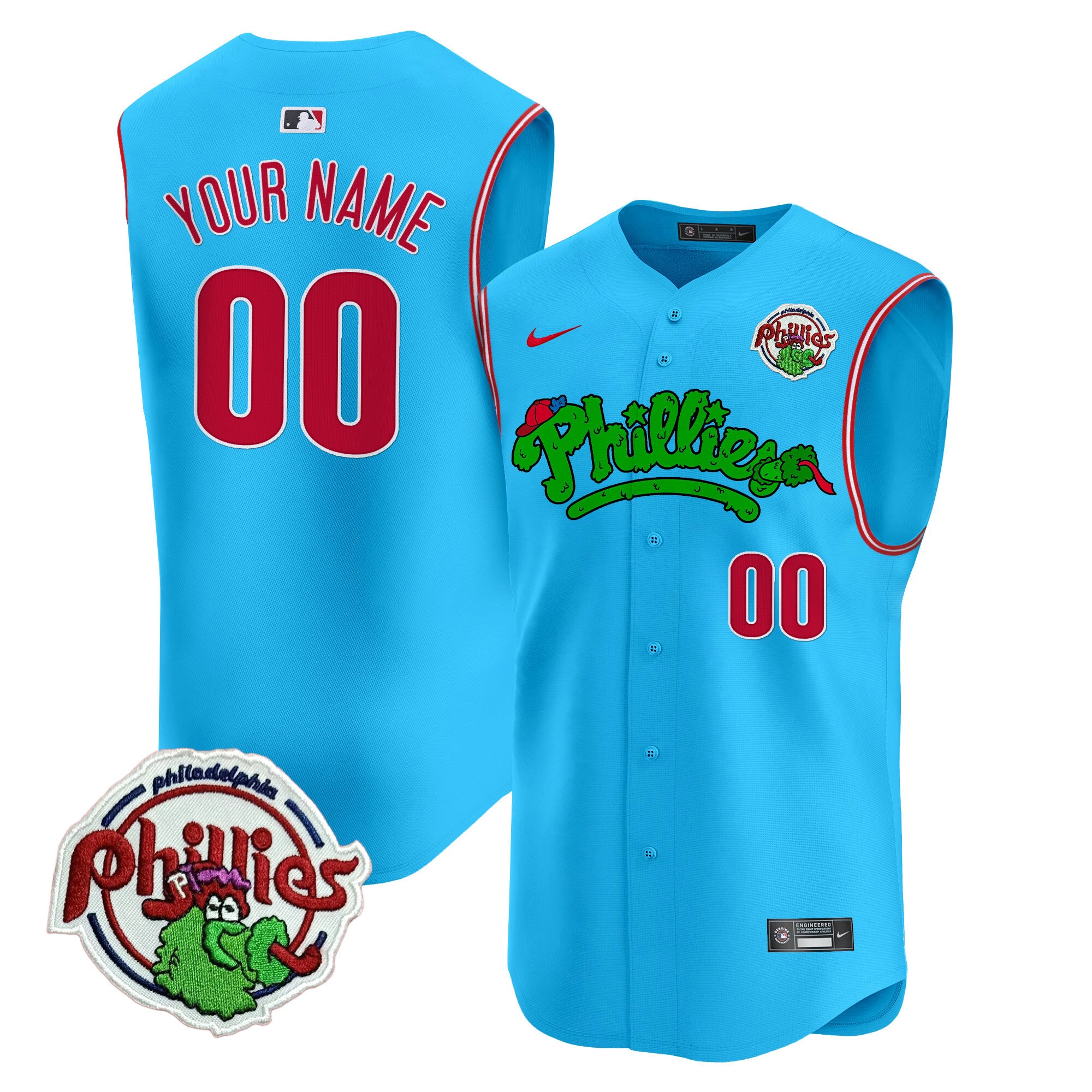 Phillies Phanatic Vapor Premier Sleeveless Custom Jersey - All Stitched - Youth, Light Blue