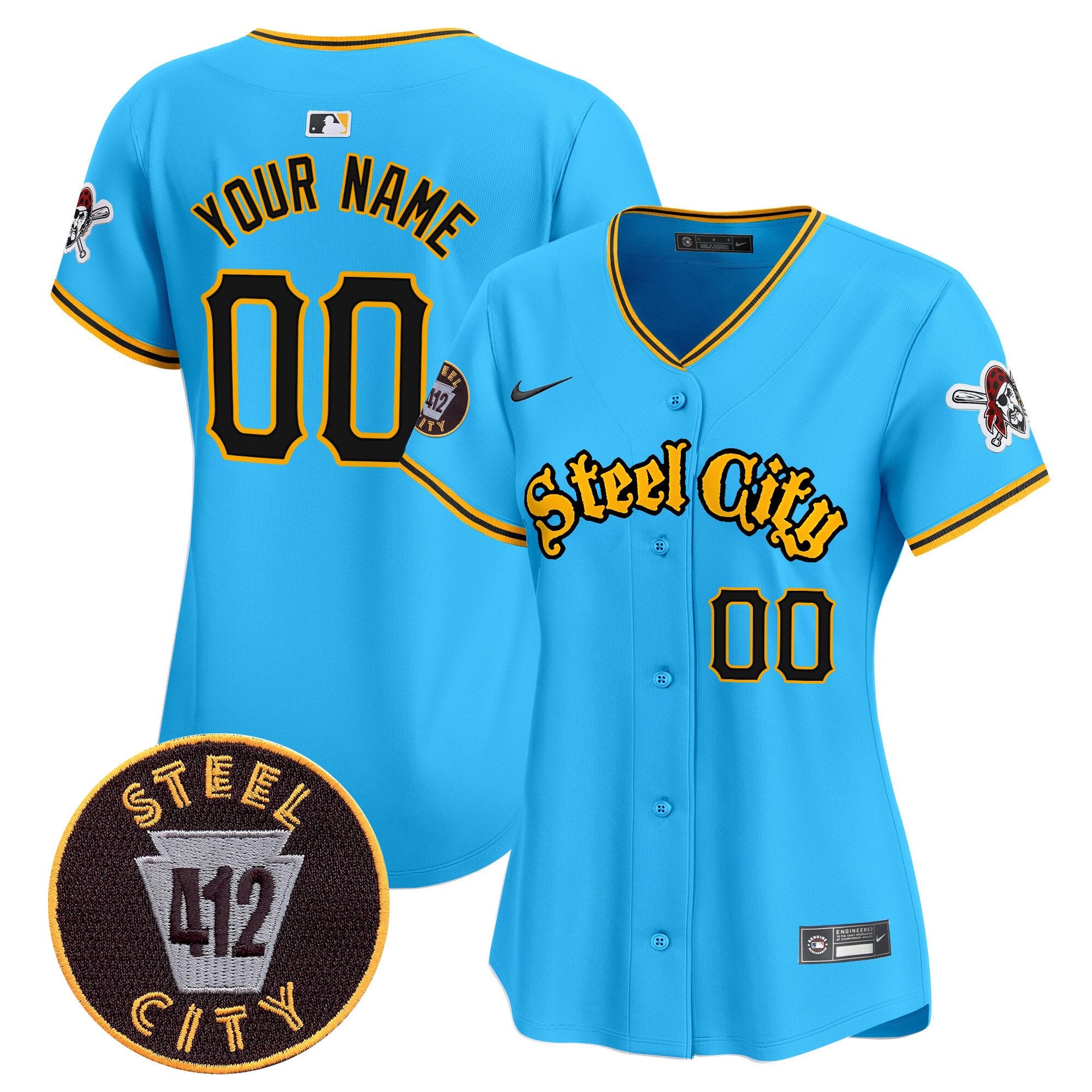 Pittsburgh Pirates 412 Patch Vapor Premier Limited Custom Jersey - All Stitched - Women, Light Blue