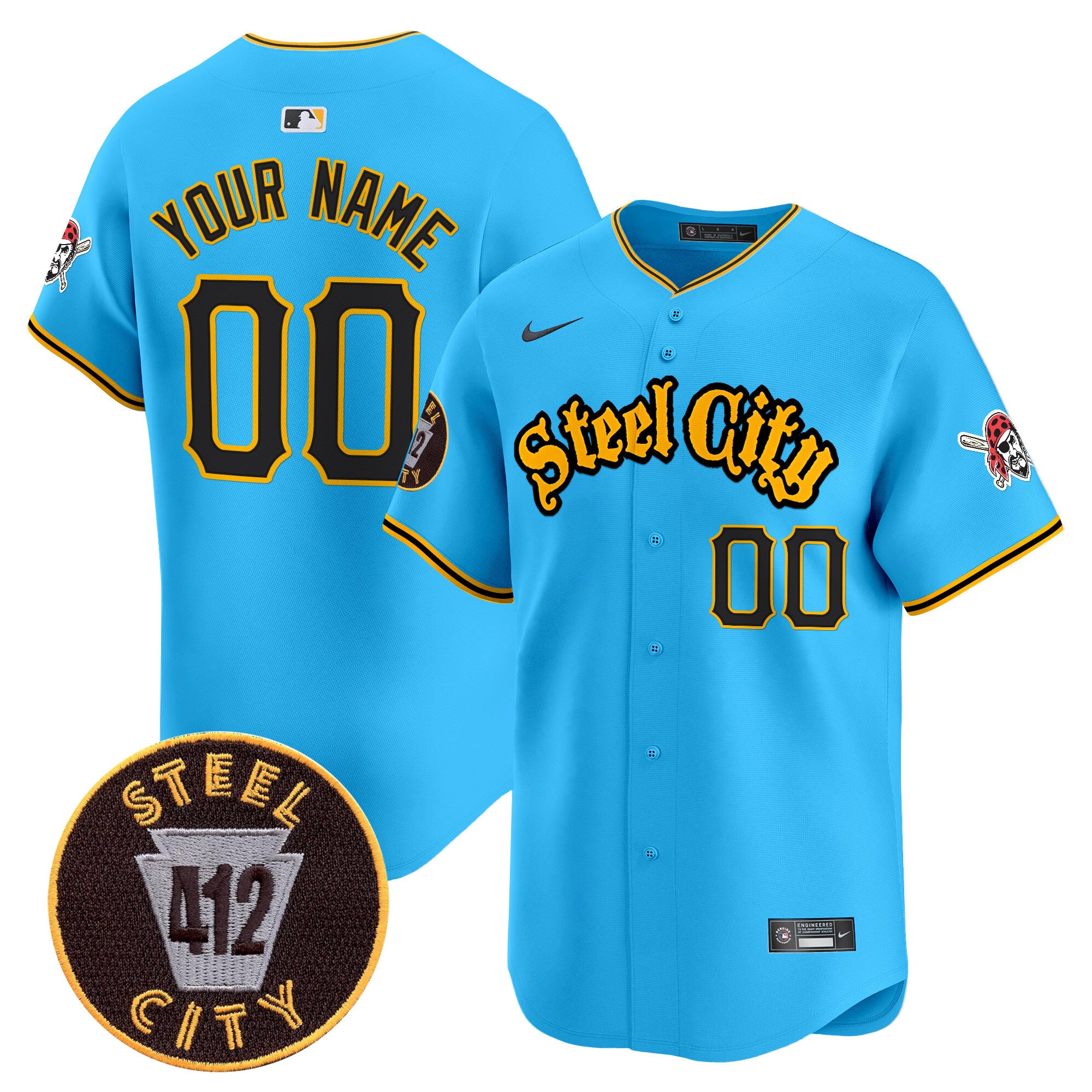 Pittsburgh Pirates 412 Patch Vapor Premier Limited Custom Jersey - All Stitched - Men, Light Blue