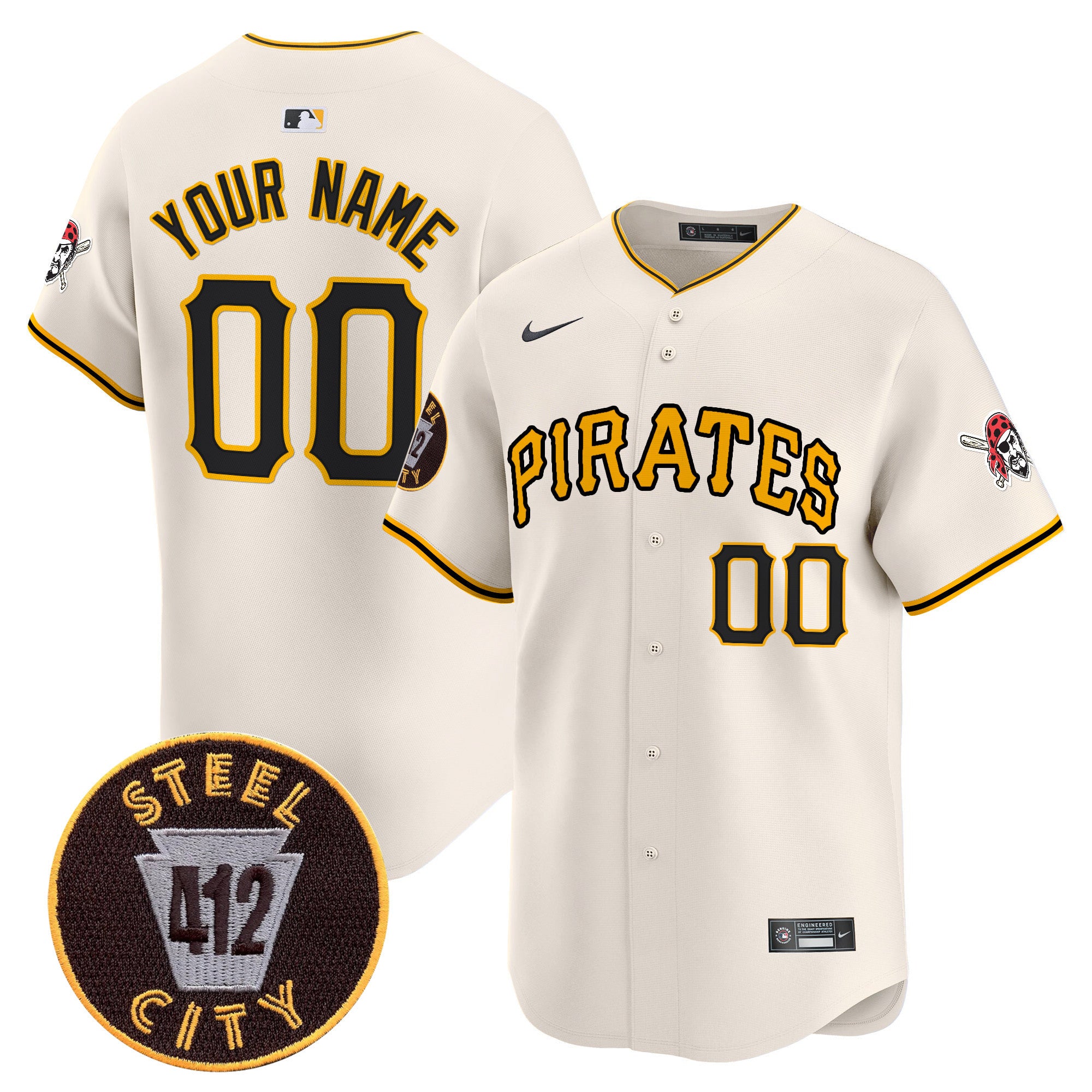 Pittsburgh Pirates 412 Patch Vapor Premier Limited Custom Jersey V3 - All Stitched - Men, Cream