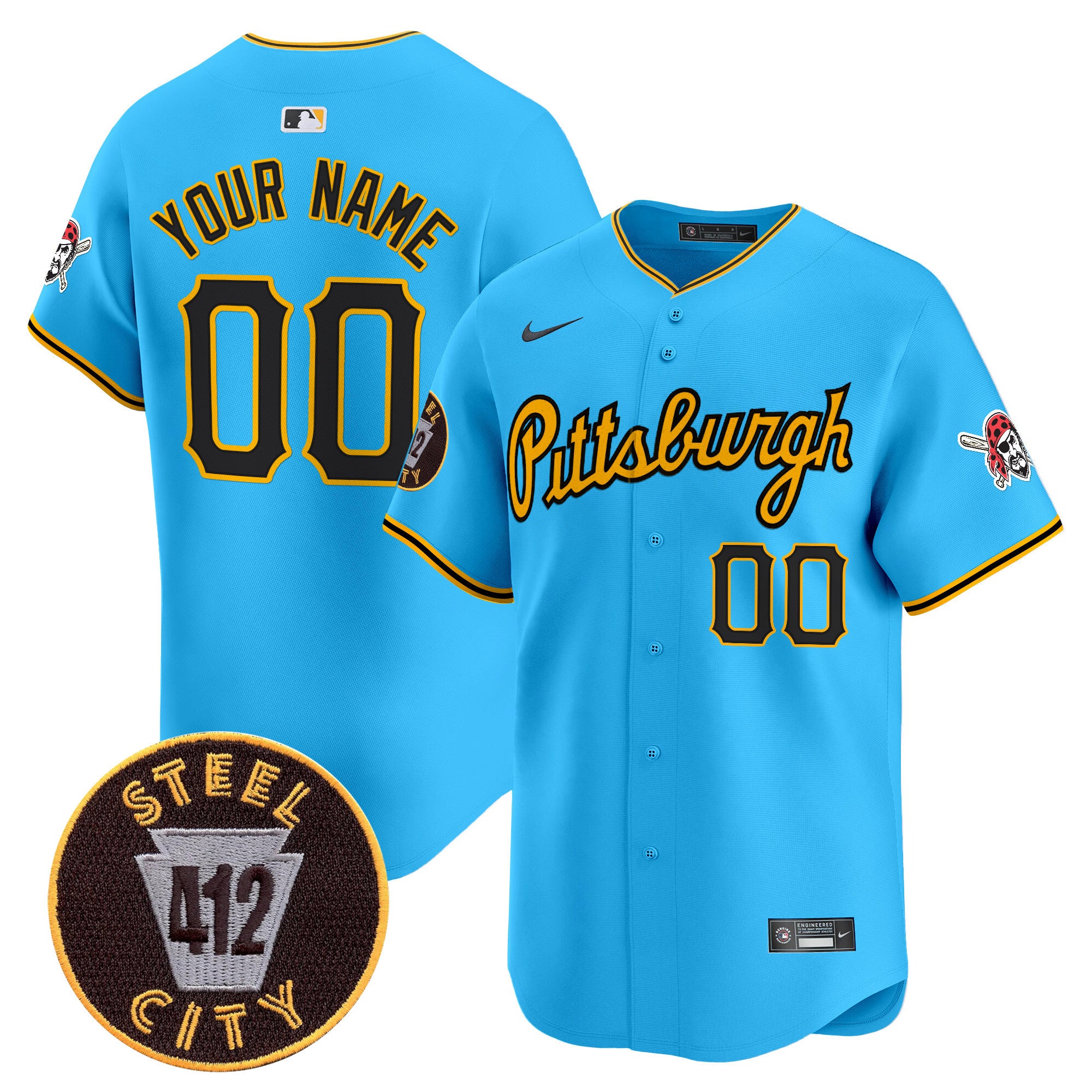 Pittsburgh Pirates 412 Patch Vapor Premier Limited Custom Jersey V4 - All Stitched - Men, Light Blue