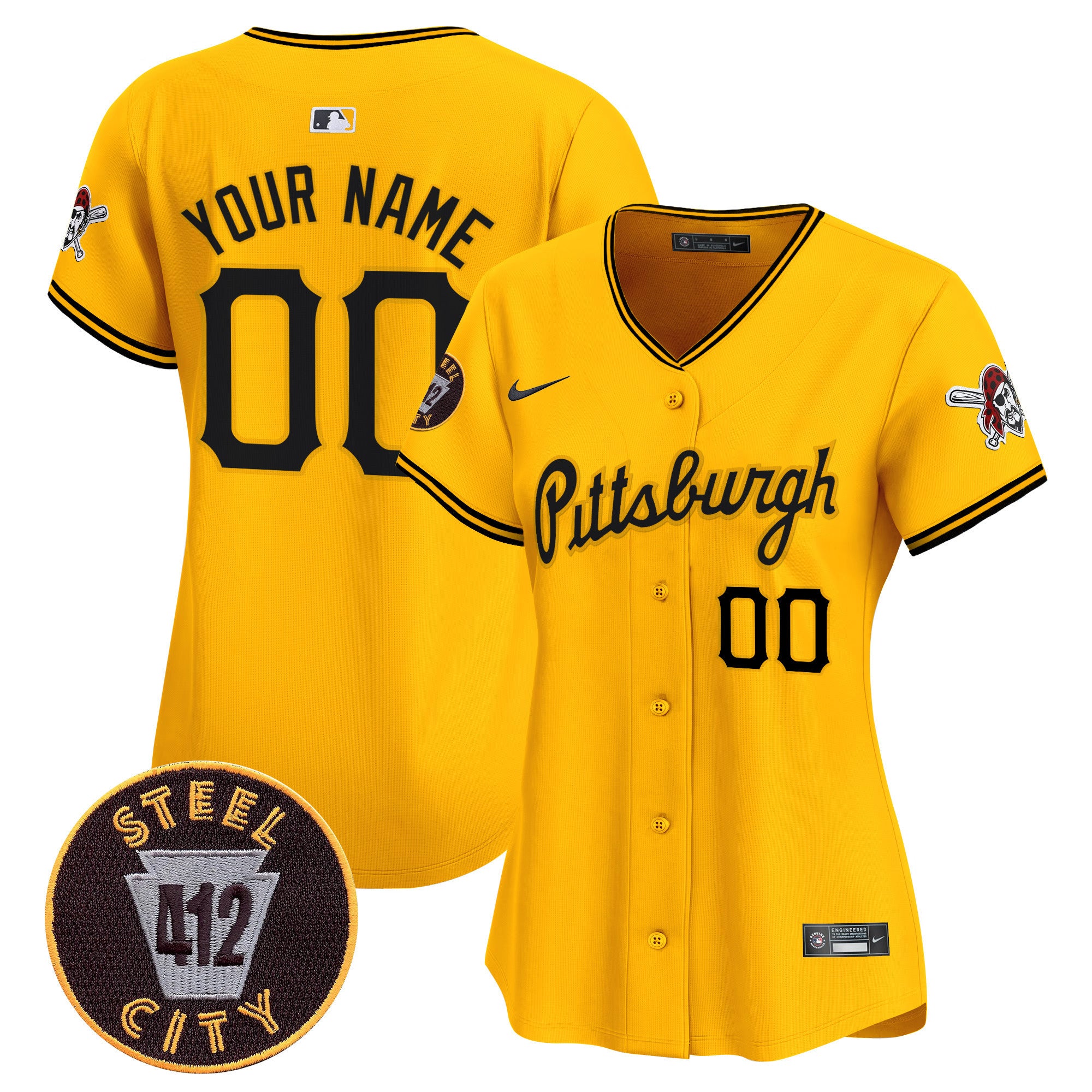 Pittsburgh Pirates 412 Patch Vapor Premier Limited Custom Jersey V4 - All Stitched - Women, Gold